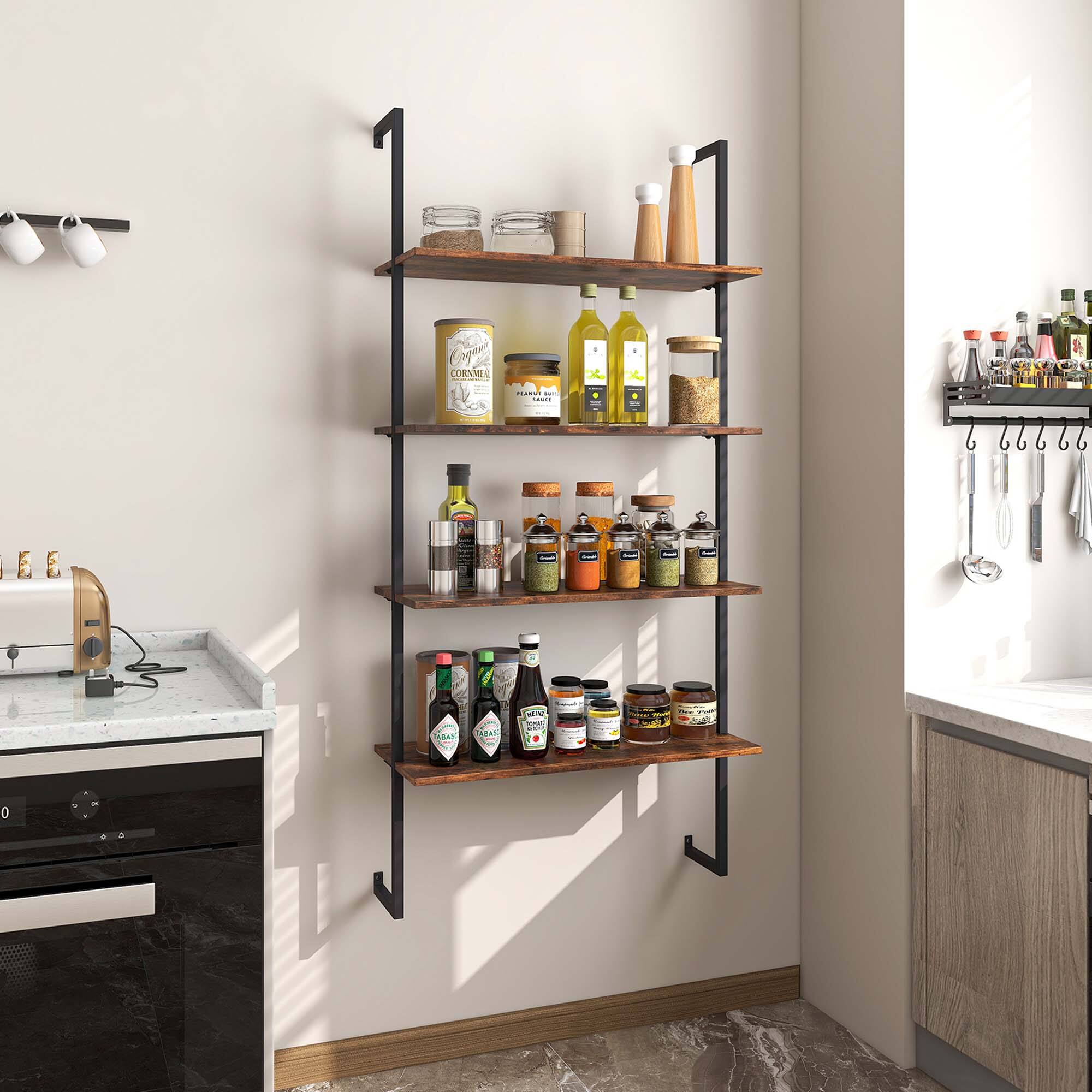 The image shows a kitchen with a shelf holding various spices and condiments. The shelf is located next to a sink and a stove. The spices include items such as cornmeal, olive oil, and other condiments. The kitchen also features a counter with a coffee maker and a knife rack. The overall scene is well-organized and functional for cooking and food preparation.