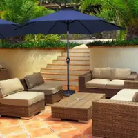 Costway 10' Solar LED Lighted Patio Market Umbrella Shade Tilt Adjustment Crank - Navy - Front_Zoom
