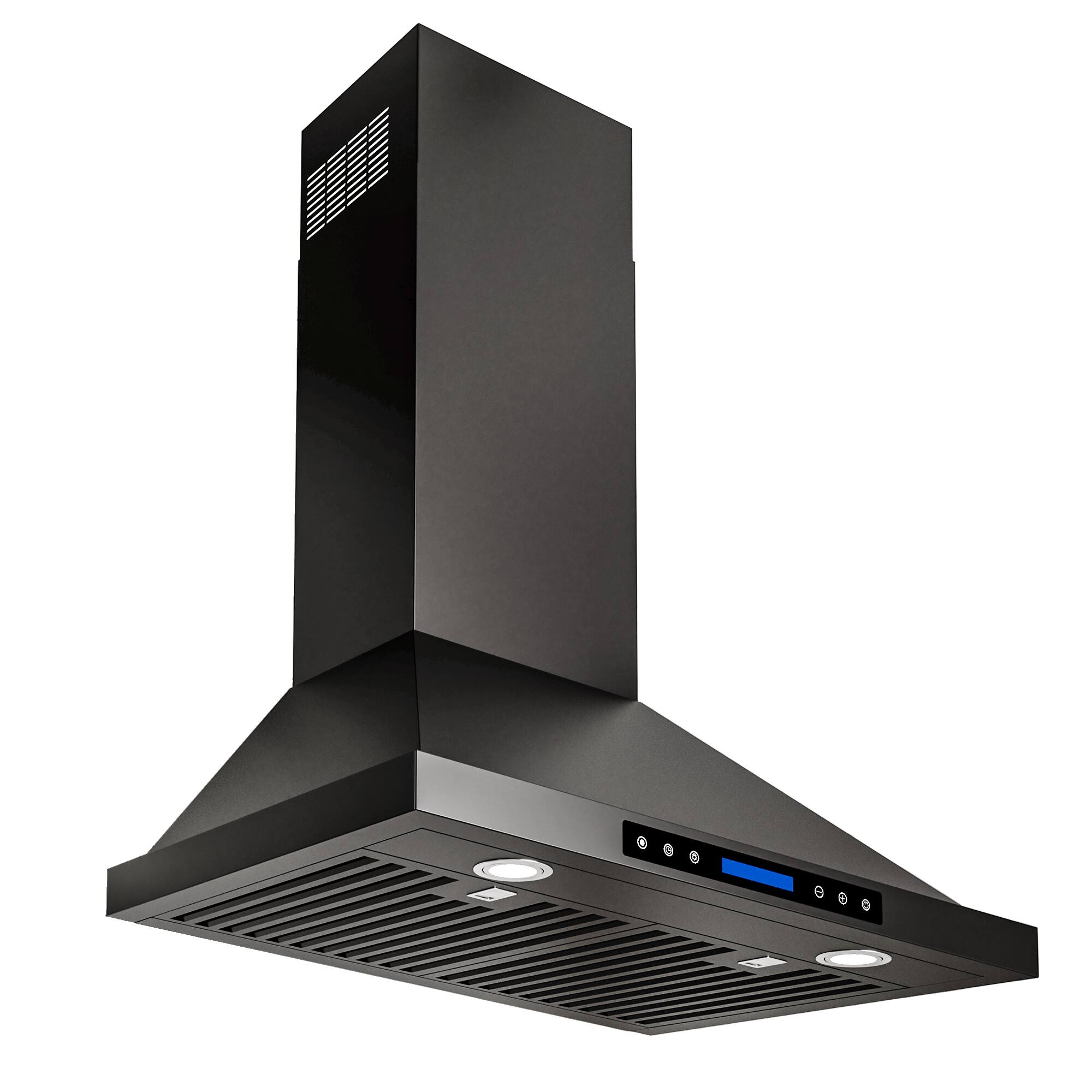 Angle. Onefly - 30 inches - Convertible - Wall Mount Range Hood - Black Stainless Steel.