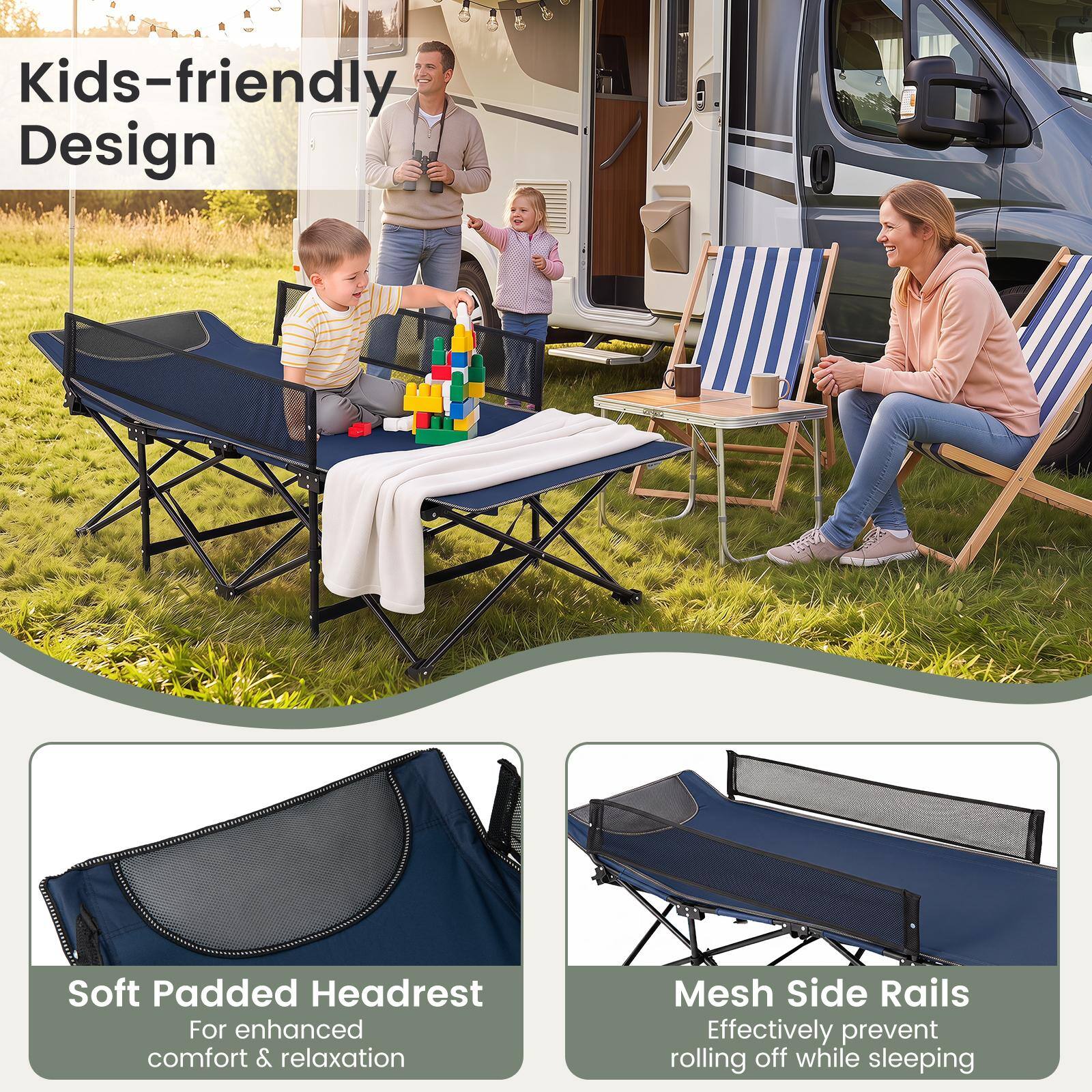 Kids-friendly Design

Soft Padded Headrest For enhanced comfort & relaxation

Mesh Side Rails Effectively prevent rolling off while sleeping