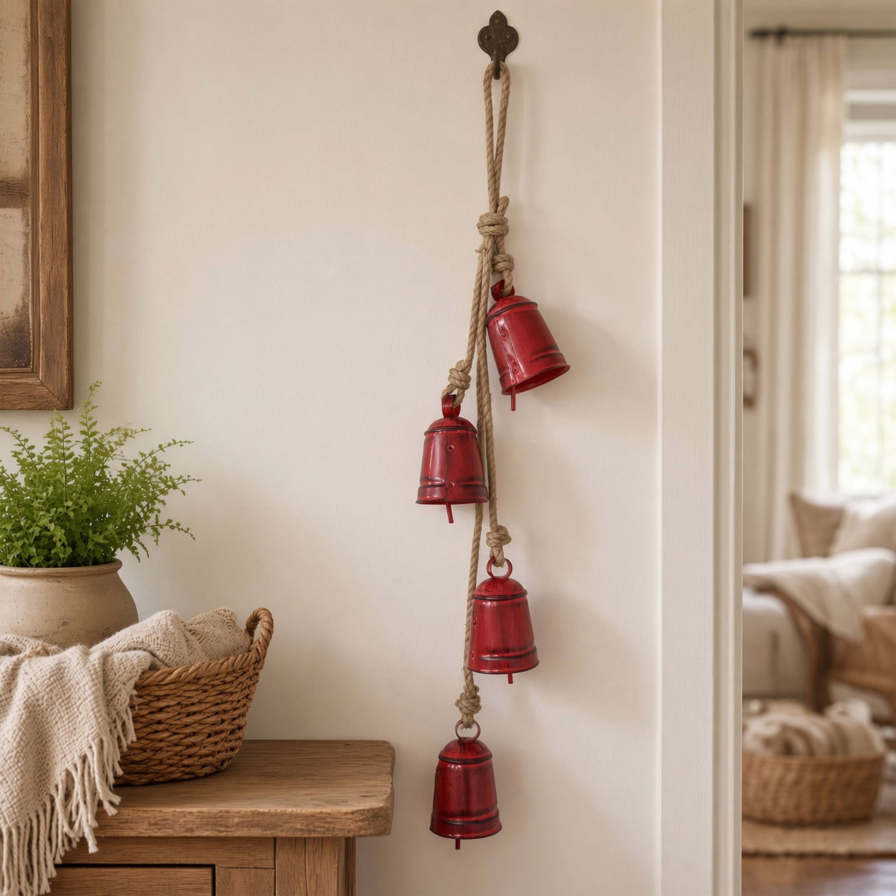 Alt View 9. Manhattan Lane - 27 Inch Decorative Wind Chime, 4 Cascading Cow Bells, Jute Rope, Boho Rustic Style - Antique Red, Natural Brown.