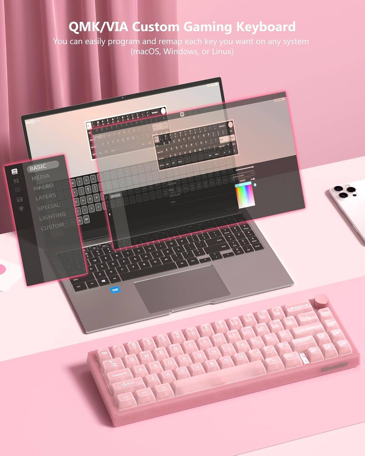 QMK/VIA Custom Gaming Keyboard  
You can easily program and remap each key you want on any system (macOS, Windows, or Linux)