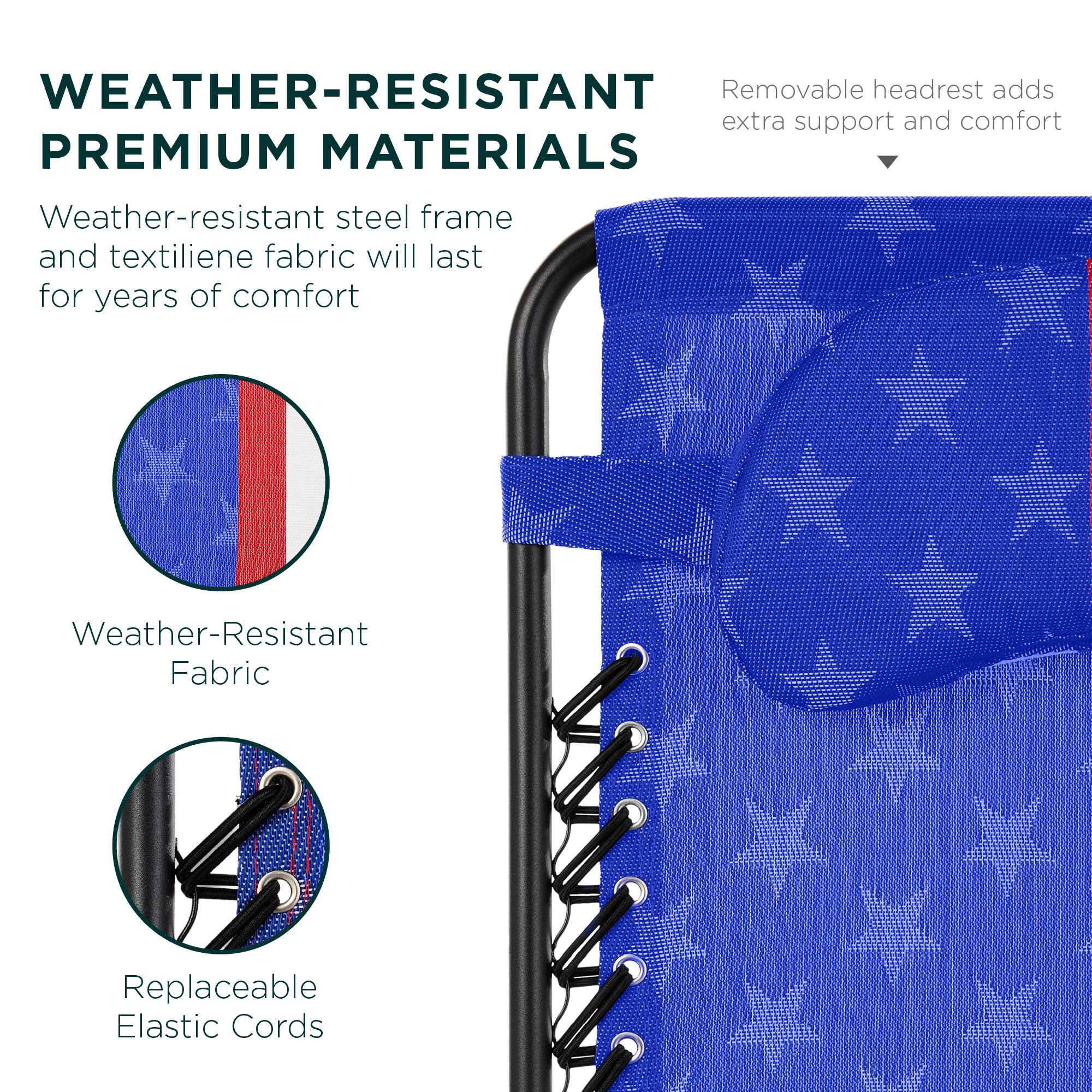**WEATHER-RESISTANT PREMIUM MATERIALS**

Weather-resistant steel frame and textilene fabric will last for years of comfort

- Weather-Resistant Fabric
- Replaceable Elastic Cords

Removable headrest adds extra support and comfort