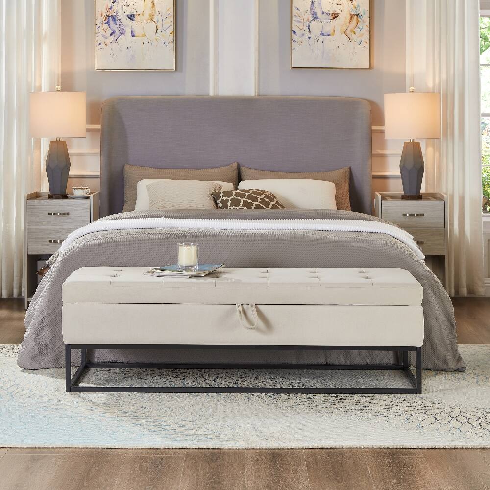 Angle. Ropilly - Ropilly Beige Velvet Storage Bench Tufted Bed End Ottoman Metal Base - Beige.
