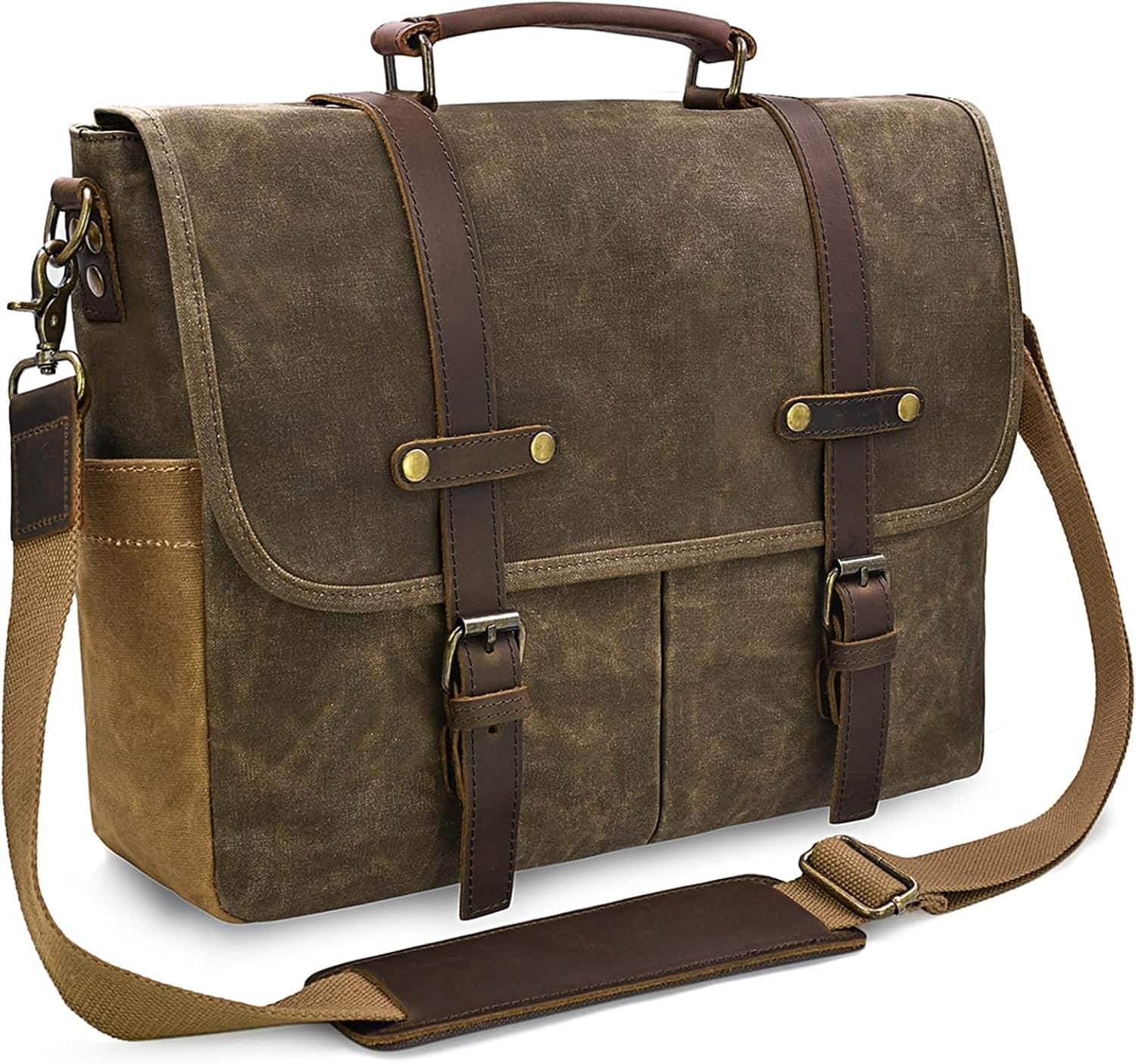 Core Tech - 15.6-Inch Waxed Canvas and Genuine Leather Messenger Laptop Bag with Padded Sleeve and Adjustable Strap - Brown