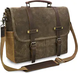 Core Tech - 15.6-Inch Waxed Canvas and Genuine Leather Messenger Laptop Bag with Padded Sleeve and Adjustable Strap - Brown