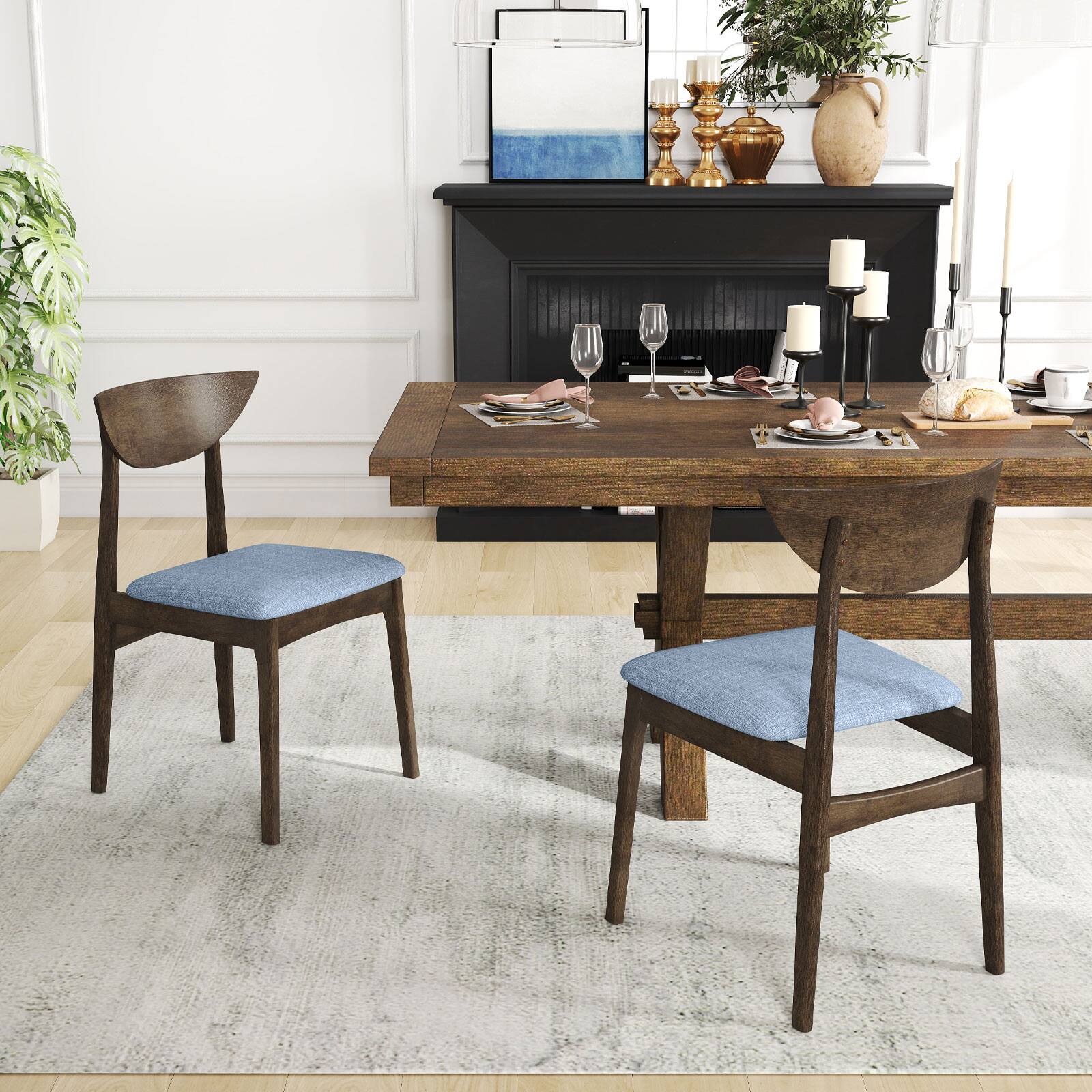 Alt View 4. Gymax - Gymax 2PCS Wooden Dining Chair Linen Fabric Upholstered Kitchen Chairs w/ Padded Seat - Brown, Gray.