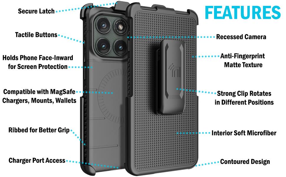 Secure Latch  
Tactile Buttons  
Holds Phone Face-Inward for Screen Protection  
Recessed Camera  
Anti-Fingerprint Matte Texture  
Compatible with MagSafe Chargers, Mounts, Wallets  
Strong Clip Rotates in Different Positions  
Ribbed for Better Grip  
Interior Soft Microfiber  
Charger Port Access  
Contoured Design