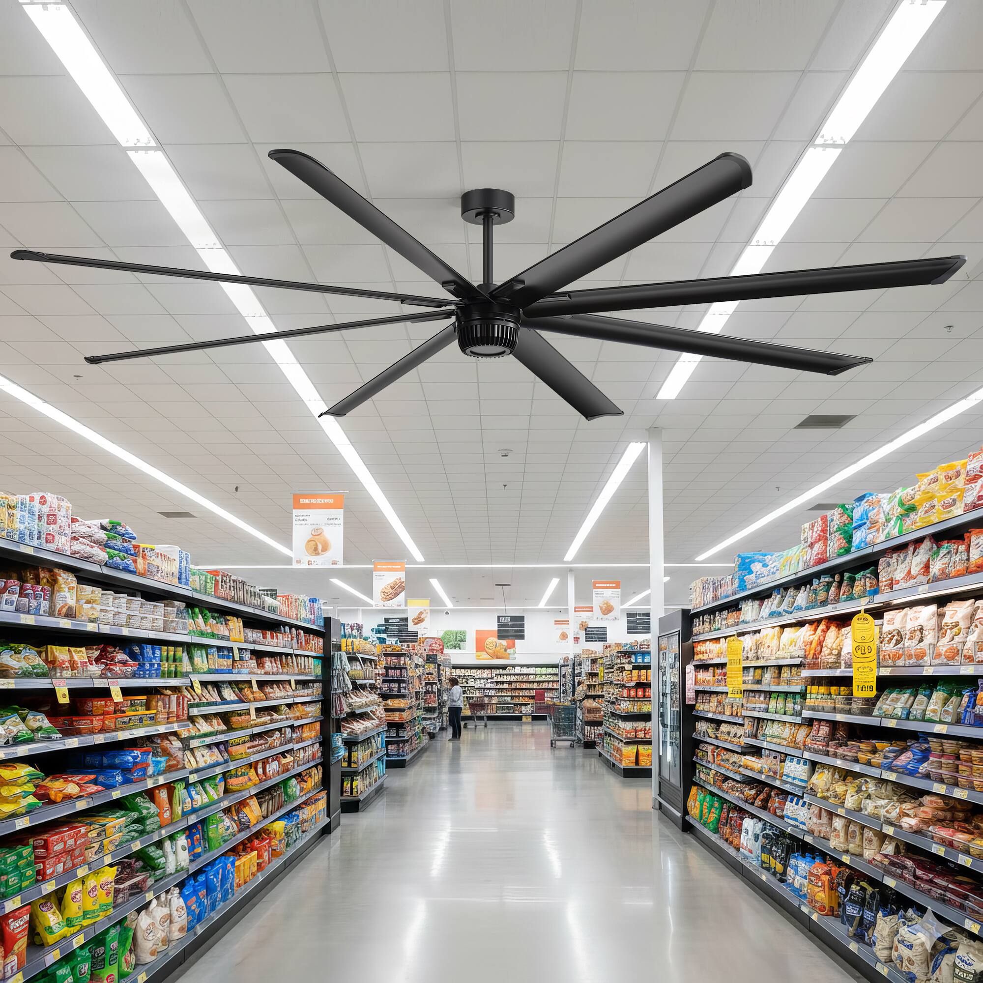 Left. Breezary - 100-Inch Industrial Ceiling Fan ,8 Aluminum Blades , 5"/10" Downrod,Remote Control - 100-inch black ceiling fan.