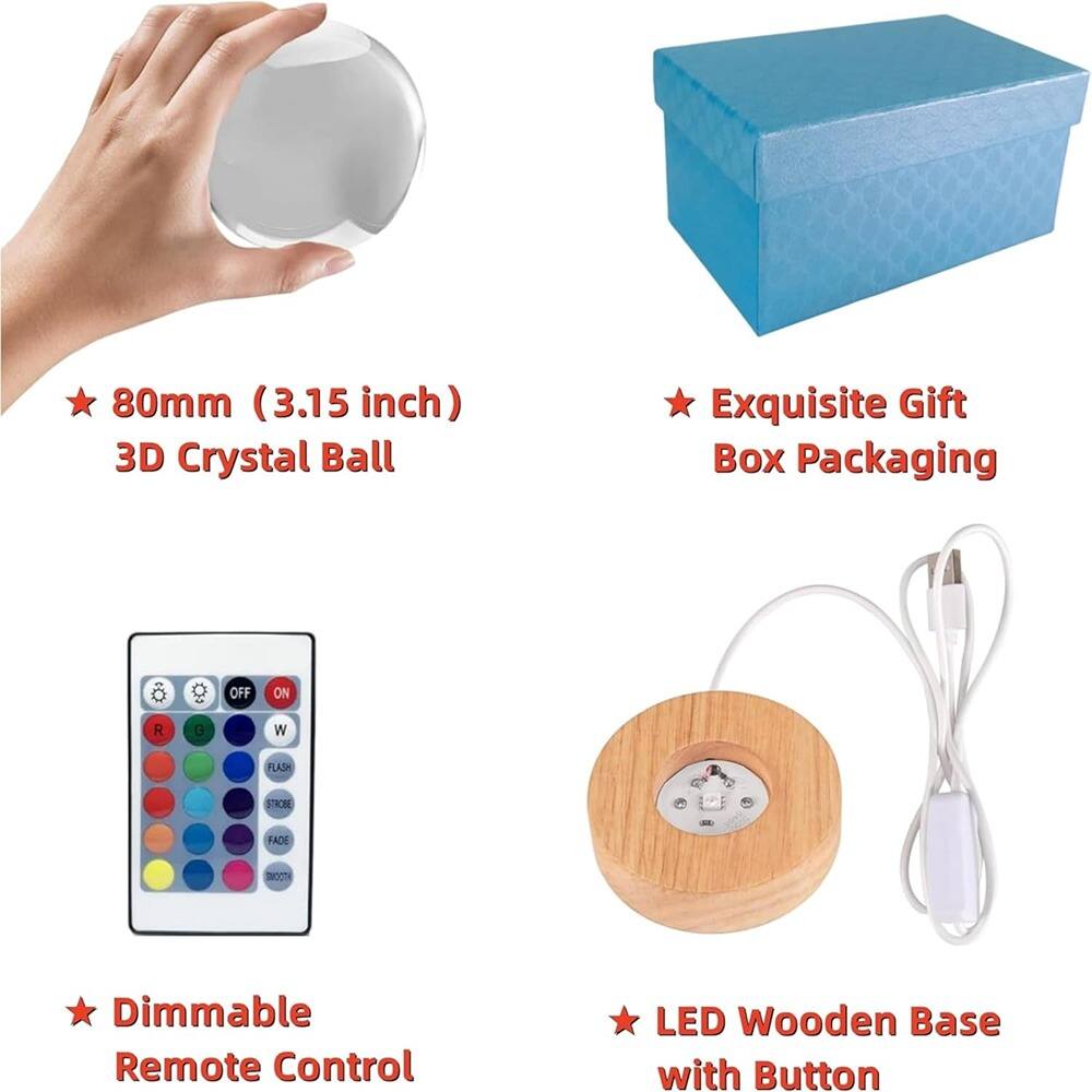 - 80mm (3.15 inch) 3D Crystal Ball
- Exquisite Gift Box Packaging
- Dimmable Remote Control
- LED Wooden Base with Button