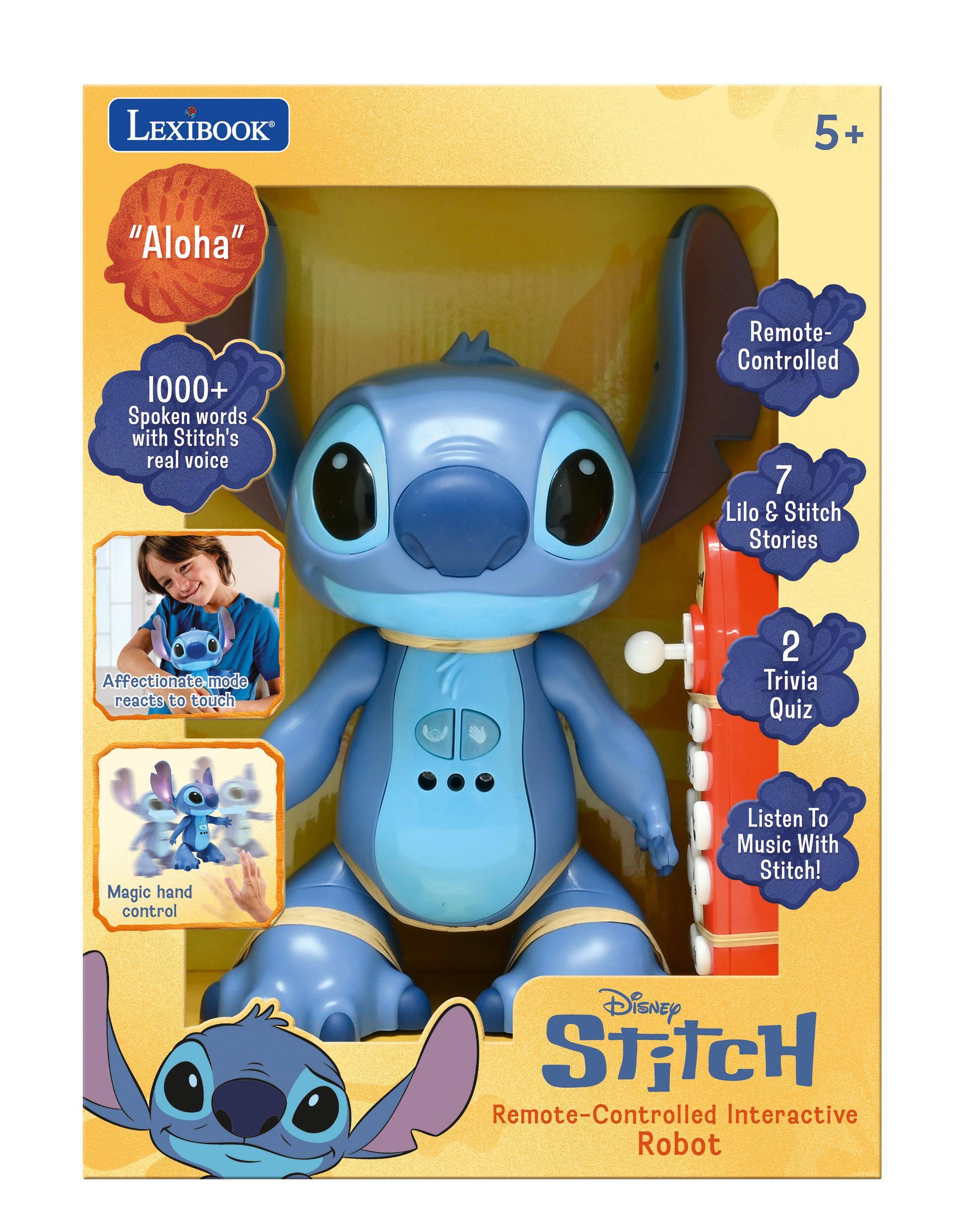 LEXIBOOK  
5+  
"Aloha"  
1000+ Spoken words with Stitch's real voice  
Remote-Controlled  
7 Lilo & Stitch Stories  
Affectionate mode reacts to touch  
2 Trivia Quiz  
Magic hand control  
Listen To Music With Stitch!  
Disney Stitch Remote-Controlled Interactive Robot