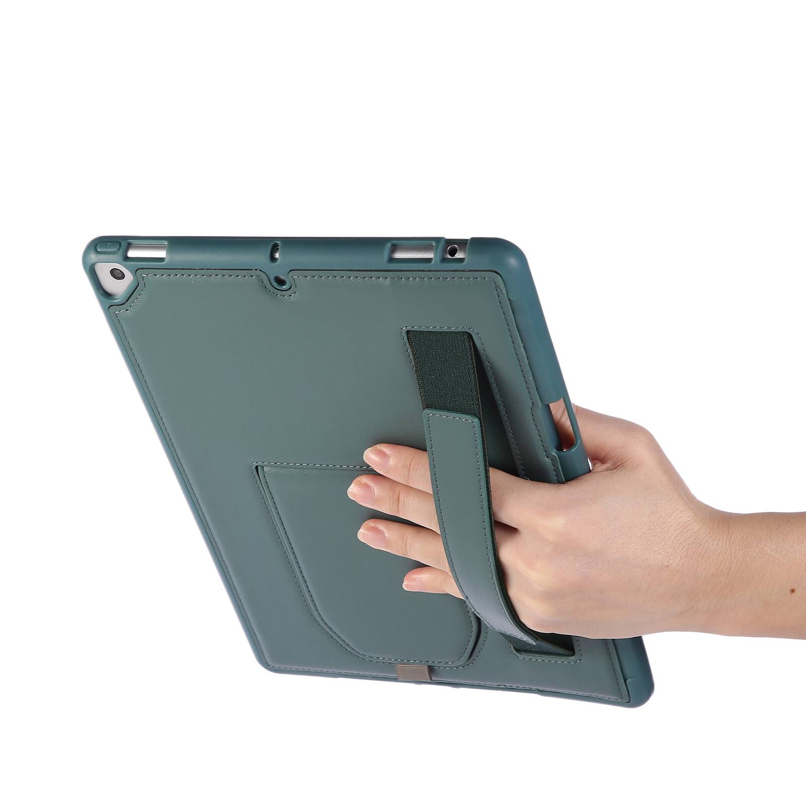 Left. UUCOVER - Case for iPad 9th 8th 7th Gen 10.2-inch (2021/2020/2019) Shockproof PU Leather Hand Strap Kickstand Pencil Holder Cover - Darkgreen.