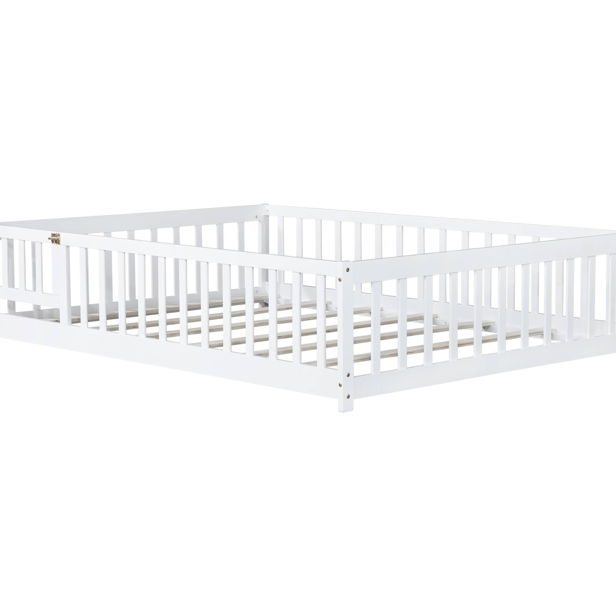 Alt View 8. GOODSILO - Full Size Low Profile Children's Floor Bed with Safety Guardrails and Entry Door, Solid Wood Construction - White.