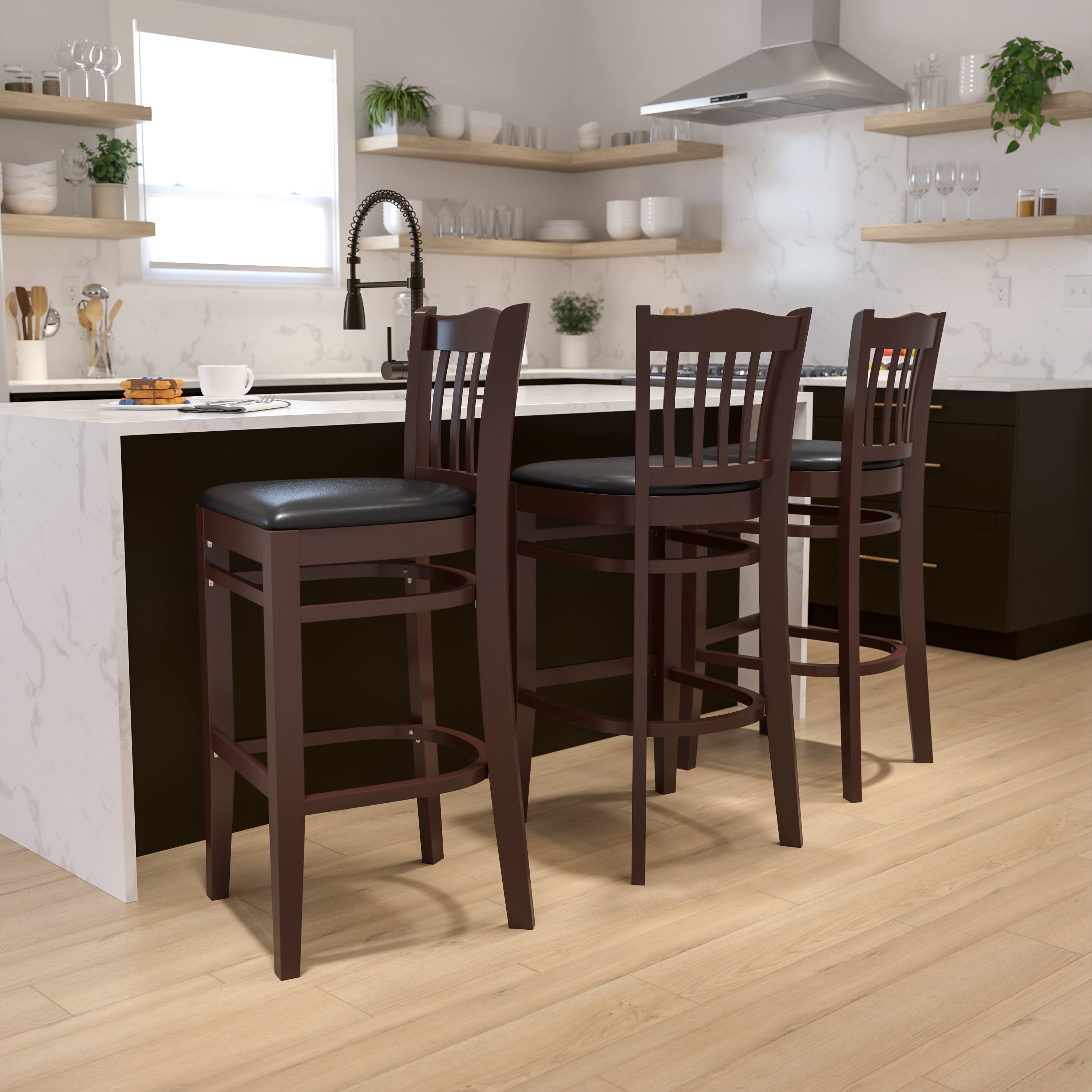 Alt View 1. Emma + Oliver - Vertical Slat Back Wooden Restaurant Dining Barstool - Black Vinyl Seat/Walnut Wood Frame.