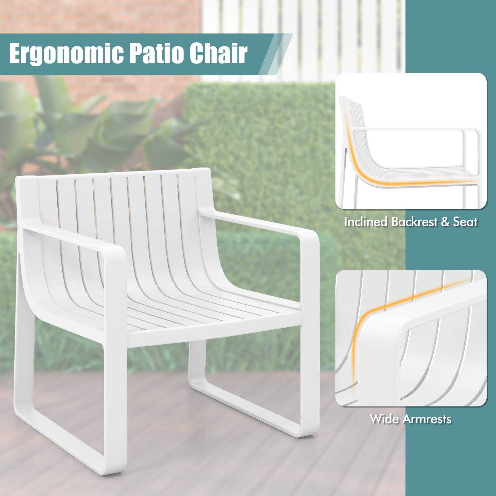 Ergonomic Patio Chair Inclined Backrest & Seat Wide Armrests