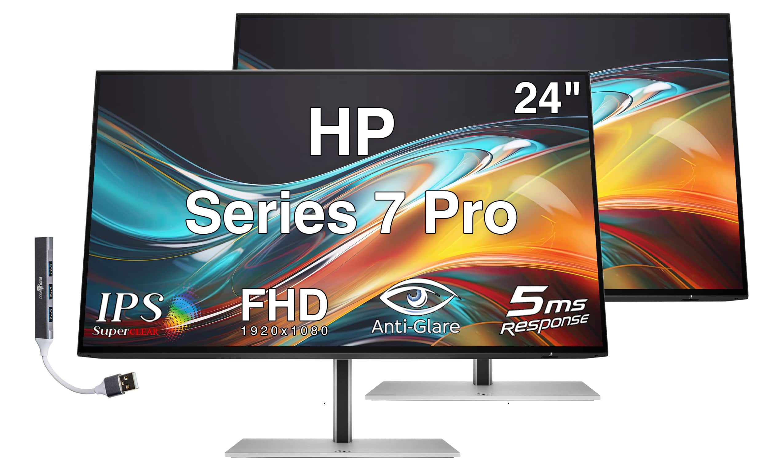 HP - Series 7 Pro 24" FHD IPS Monitor, 5ms Response Time, Anti-Glare, Flicker Free, Displayport, HDMI & DKZ Hub 2 Pack - Black/Silver