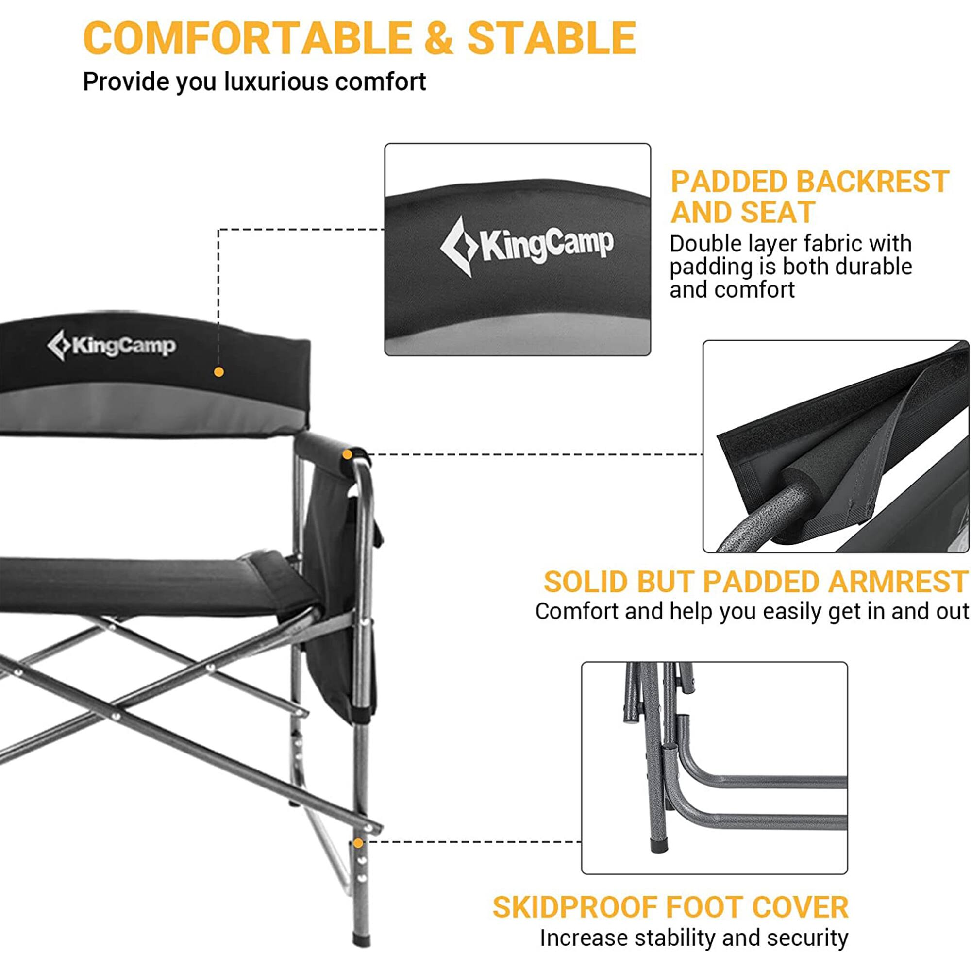 **COMFORTABLE & STABLE**  
Provide you luxurious comfort

- **PADDED BACKREST AND SEAT**  
  Double layer fabric with padding is both durable and comfortable

- **SOLID BUT PADDED ARMREST**  
  Comfort and help you easily get in and out

- **SKIDPROOF FOOT COVER**  
  Increase stability and security