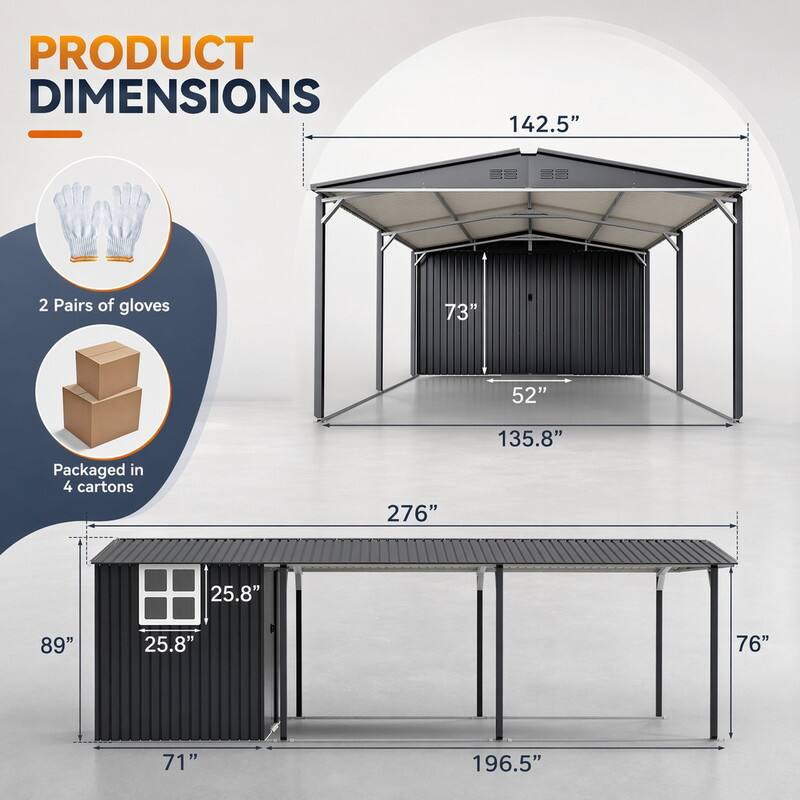 RYHNUYNE 12x23 ft Carport Shed Combo Steel Garage Sliding Door UV ...