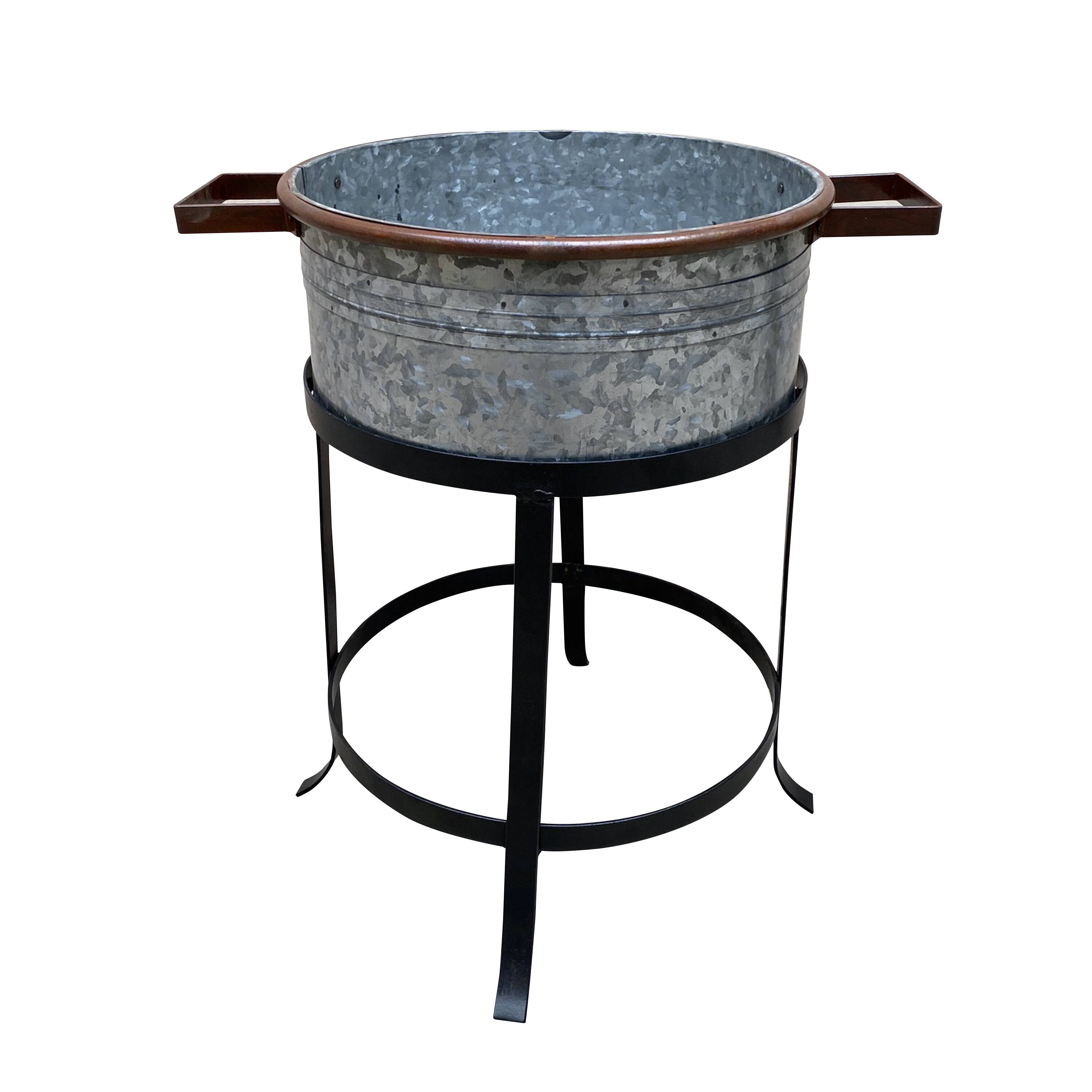 Back. Manhattan Lane - 21, 18, and 16 Inch 3 Piece Round Tub Metal Planter Set with Stand in Galvanized Gray and Black Iron - Gray and Black.