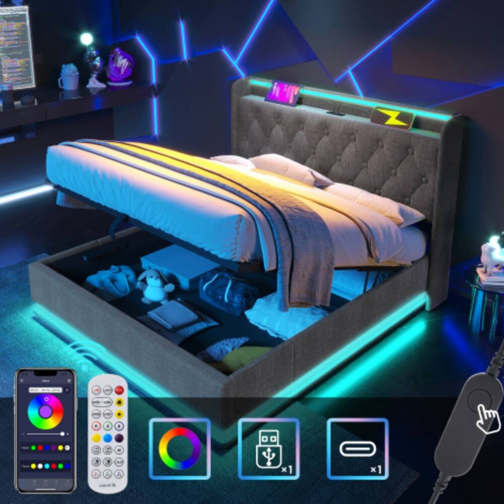 Angle. LUCKY ONE - Queen Size Upholstered Hydraulic Storage Bed with 360 Surround LED Lights, USB Type-C Charging, No Box Spring Needed - Gray.