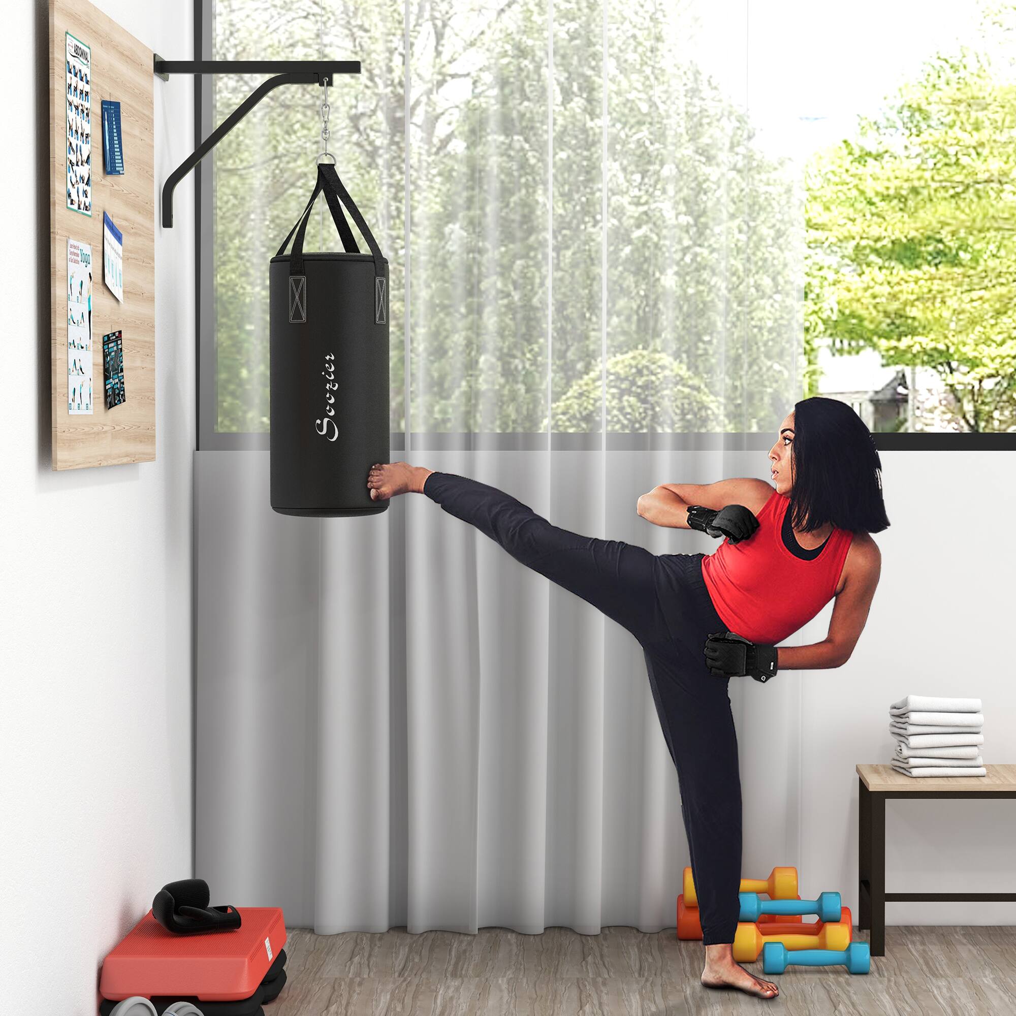 Angle. Soozier - Soozier Unfilled Punching Bag for Adults, Heavy Bag Wall Mount Set with Bracket, Boxing Gloves - Black.