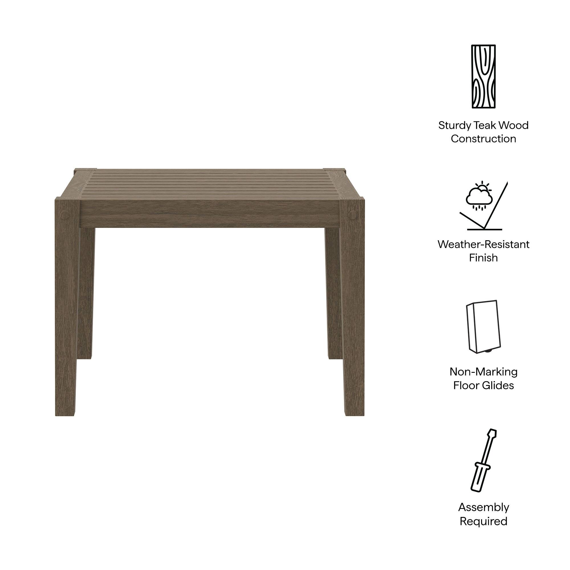 Sturdy Teak Wood Construction  
Weather-Resistant Finish  
Non-Marking Floor Glides  
Assembly Required
