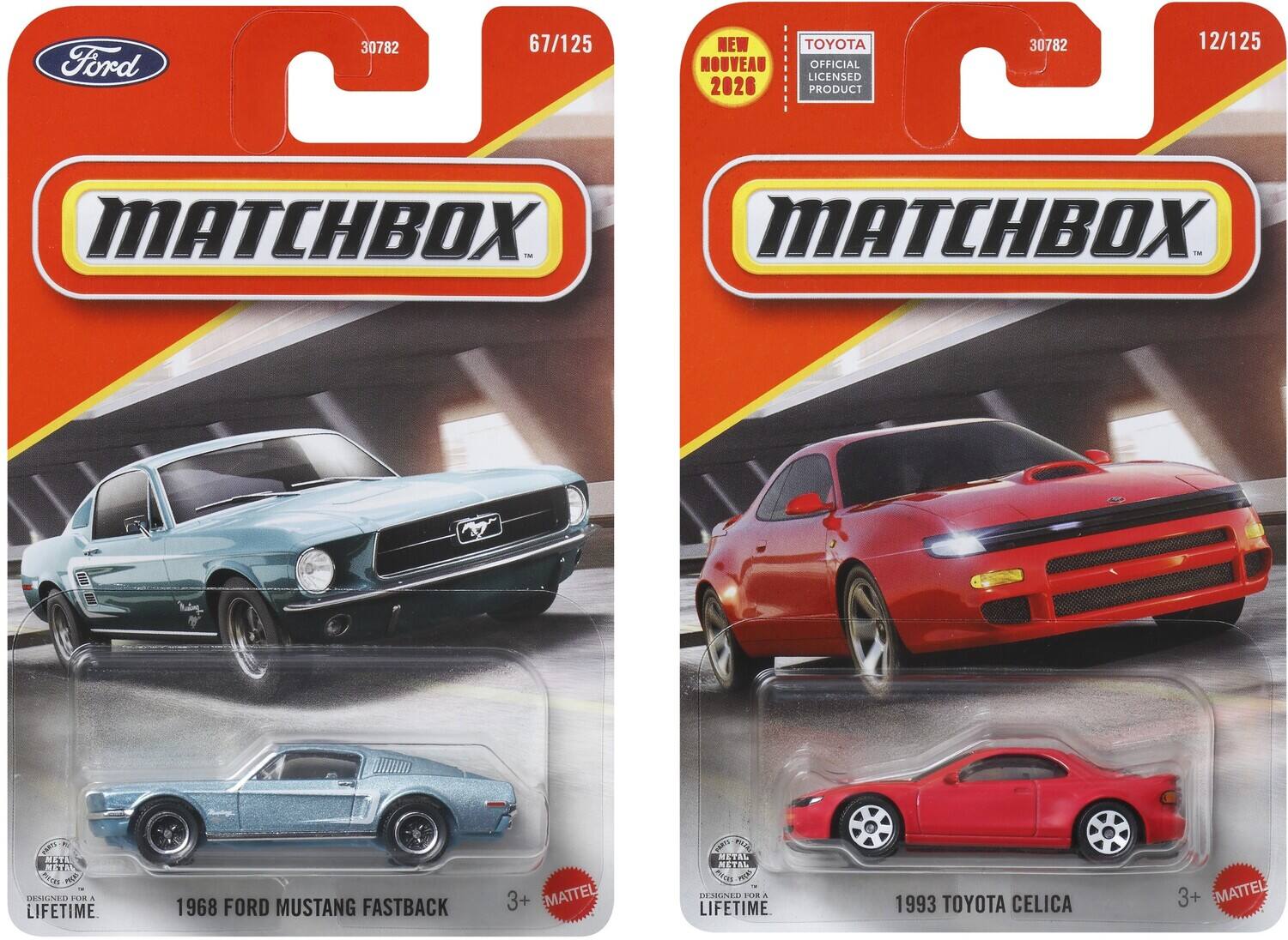 Ford 30782 67/125 NEW TOYOTA MOUVEAU OFFICIAL LICENSED 2026 PRODUCT 30782 12/125 MATCHBOX - MATCHBOX , CARL META: METAL PE -RC DENEL R LIFETIME 1968 FORD MUSTANG FASTBACK 3+ MATTEL NRTE  METAL RETAL 250m REO DESINEA FOR A LIFETIME 1993 TOYOTA CELICA 3+ MATTEL
