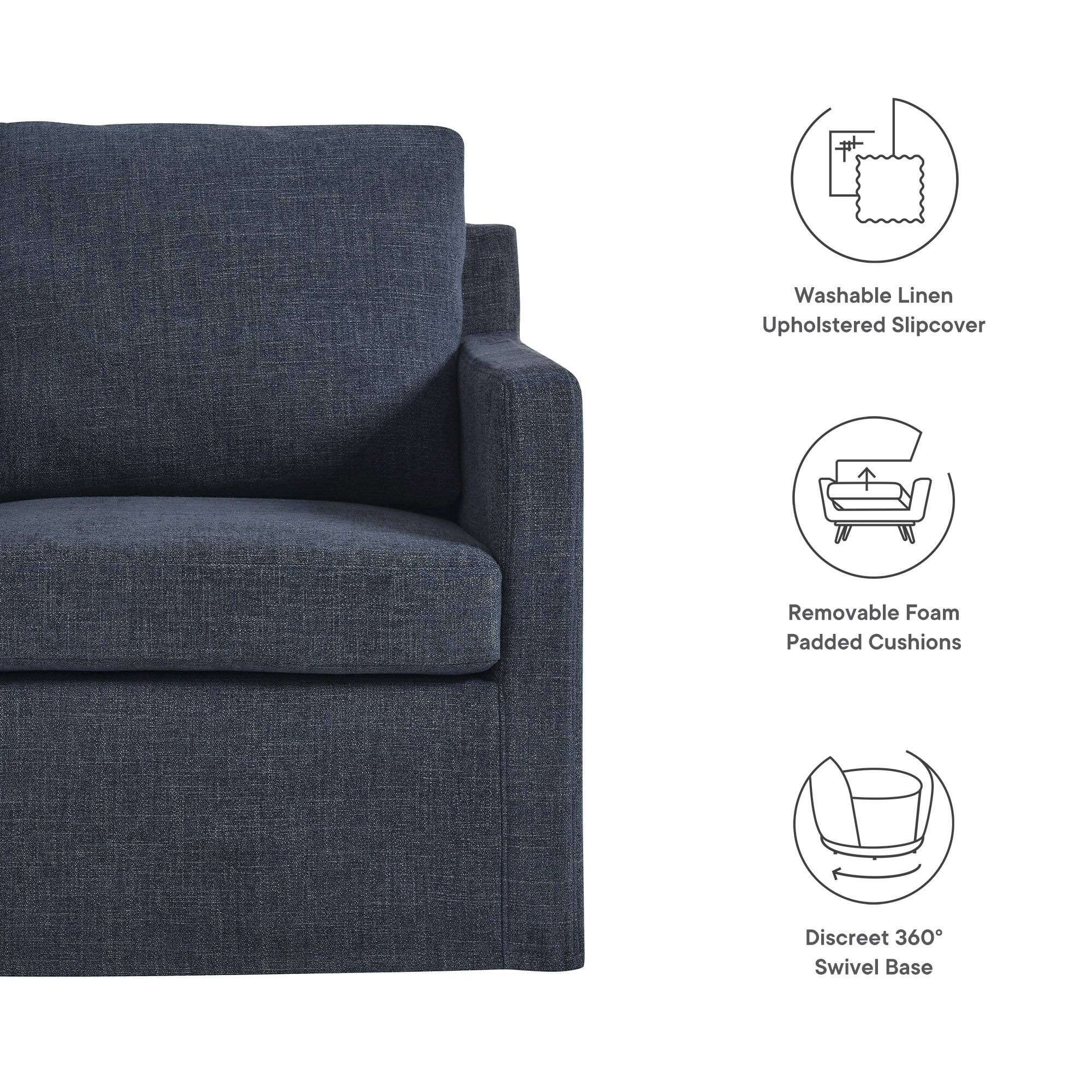 - Washable Linen Upholstered Slipcover
- Removable Foam Padded Cushions
- Discreet 360° Swivel Base