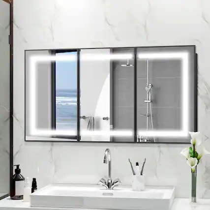 Front. LOVMOR - LOVMOR 48x32 in. Surface Mount Silver Steel Triple Door Tempered Glass Medicine Cabinet with Soft Close Mirrors - Silver.