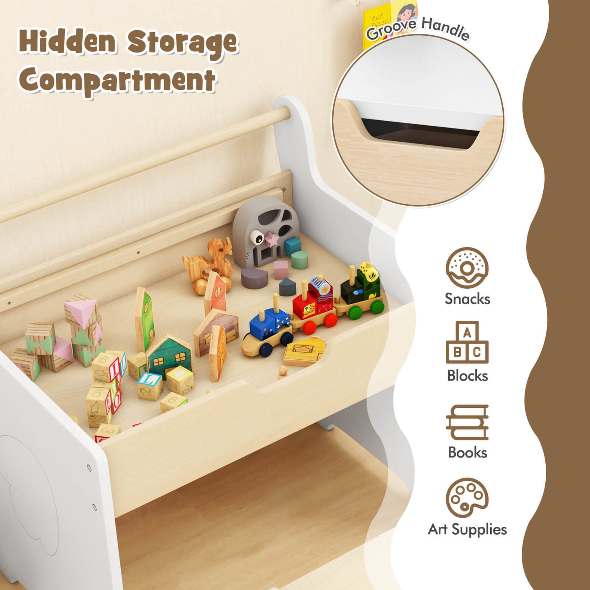 Hidden Storage Compartment

Groove Handle

- Snacks
- Blocks
- Books
- Art Supplies