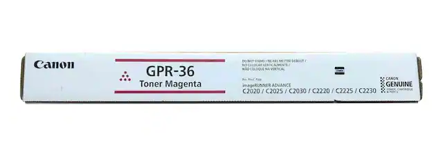 Canon DO NOT STAND / NE PAS METTRE DEBOUT / NO COLOCAR VERTICALMENTE / NO COLOQUE NA VERTICAL
GPR-36
Toner Magenta
For: Pour: Para: CANON imageRUNNER ADVANCE GENUINE TONER CARTRIDGE
C2020 / C2025 / C2030 / C2220 / C2225 / C2230