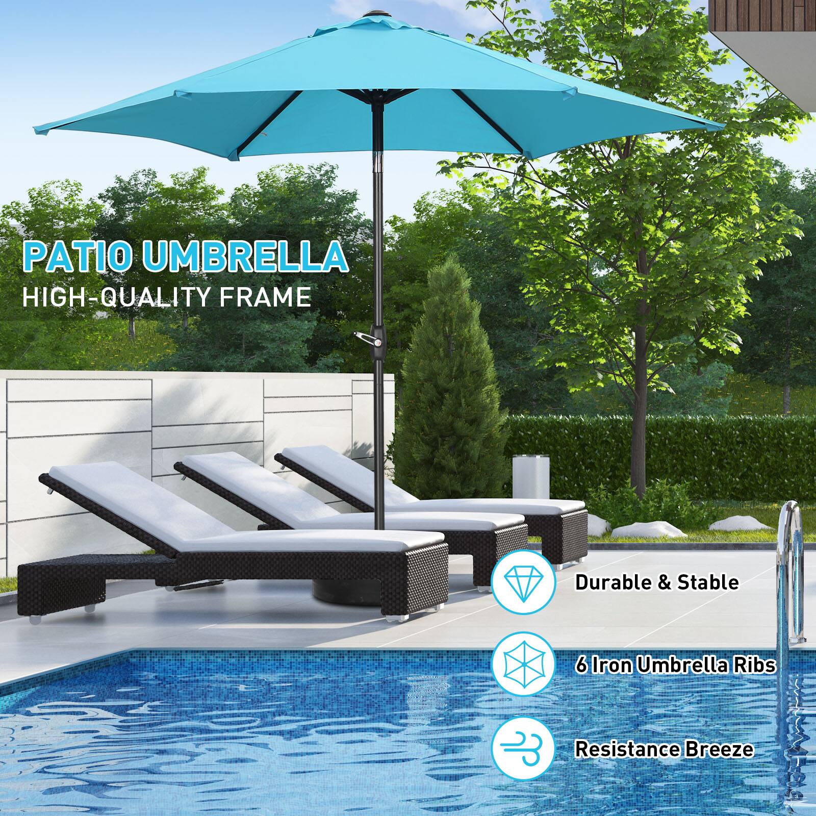 PATIO UMBRELLA  
HIGH-QUALITY FRAME  
Durable & Stable  
6 Iron Umbrella Ribs  
Resistance Breeze