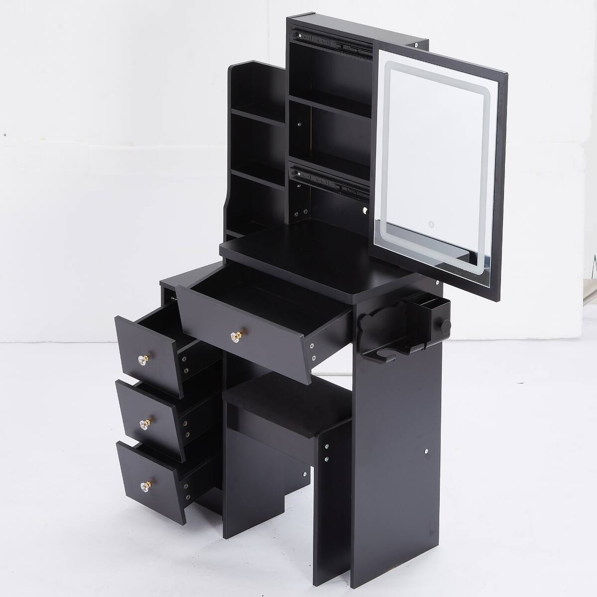 Alt View 7. Loheer - Loheer Small Space Makeup Vanity Set with LED Mirror and Padded Stool, Black - Black.