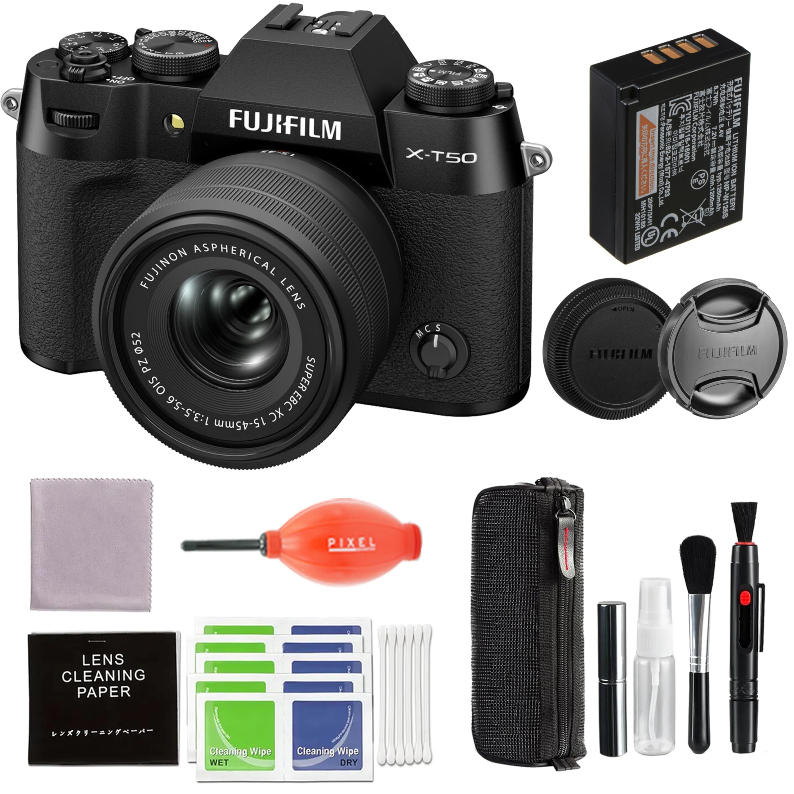 FUJIFILM FUJINON ASPHERICAL LENS 052 PZ SUPER OIS 1:3.5-5.6 EBC XC 15-45mm X-T50 MC 5 I FAR 1 6.7Wh  
FUJIFILM Ts Ae AT S.4 CC -15001  
MUINTU  
LEWA W P A NO - BaLS  
min T. BAT M  
24M4 m.1800mah  
D-W1260 TEWY MA LSTES AOEN HREHM  
FUJIFILM PIXEL LENS CLEANING PAPER  
Cleaning Wipe WET  
Cleaning Wipe DRY