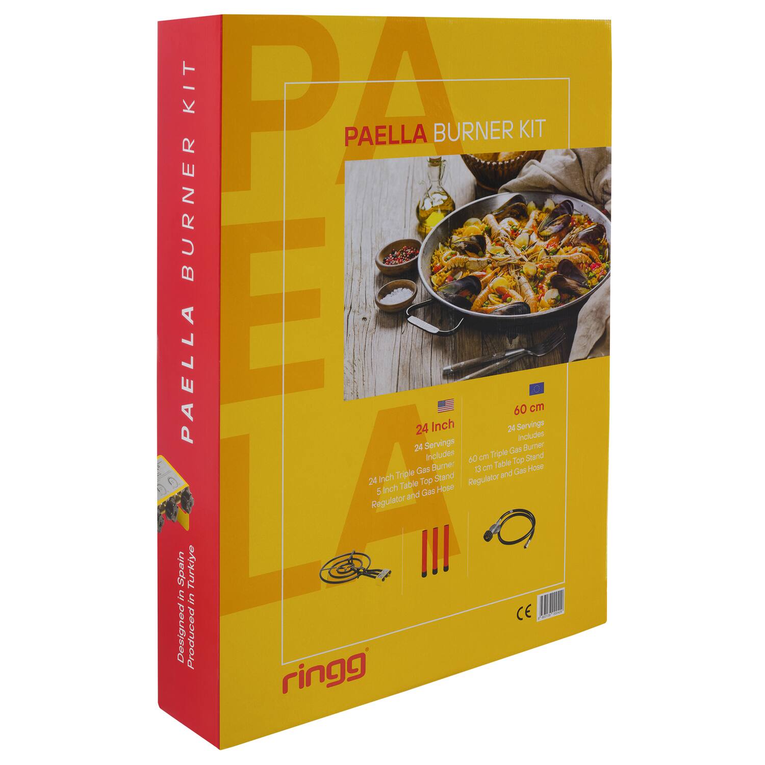 PAELLA BURNER KIT

24 Inch  
60 cm  
24 Servings

Includes:
- 24 Inch Gas Burner
- 60 cm Triple Stand
- Table Top Gas Burner
- 5 Inch Gas Hose
- Regulator

Designed in Spain  
Produced in Türkiye

ringg

CE