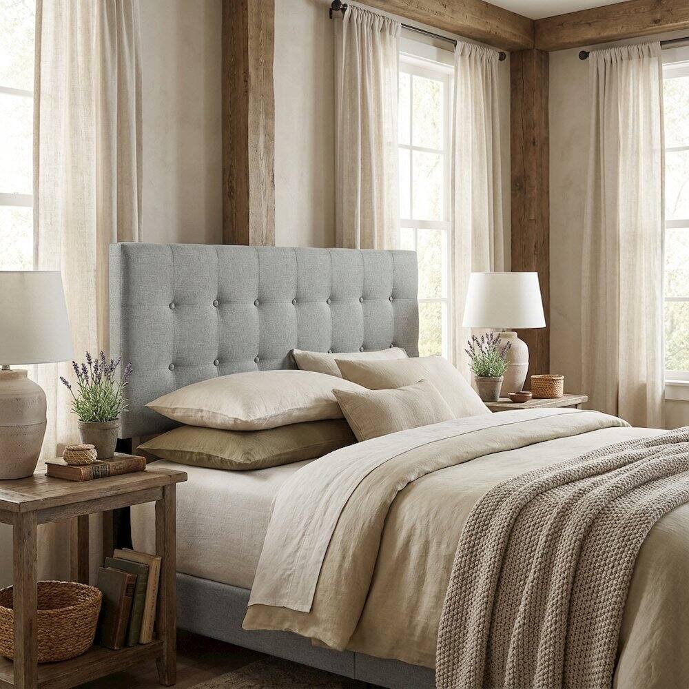 Angle. FurniFact - Upholstered Fabric King Headboard with Elegant Design and Sturdy Frame - Gray.