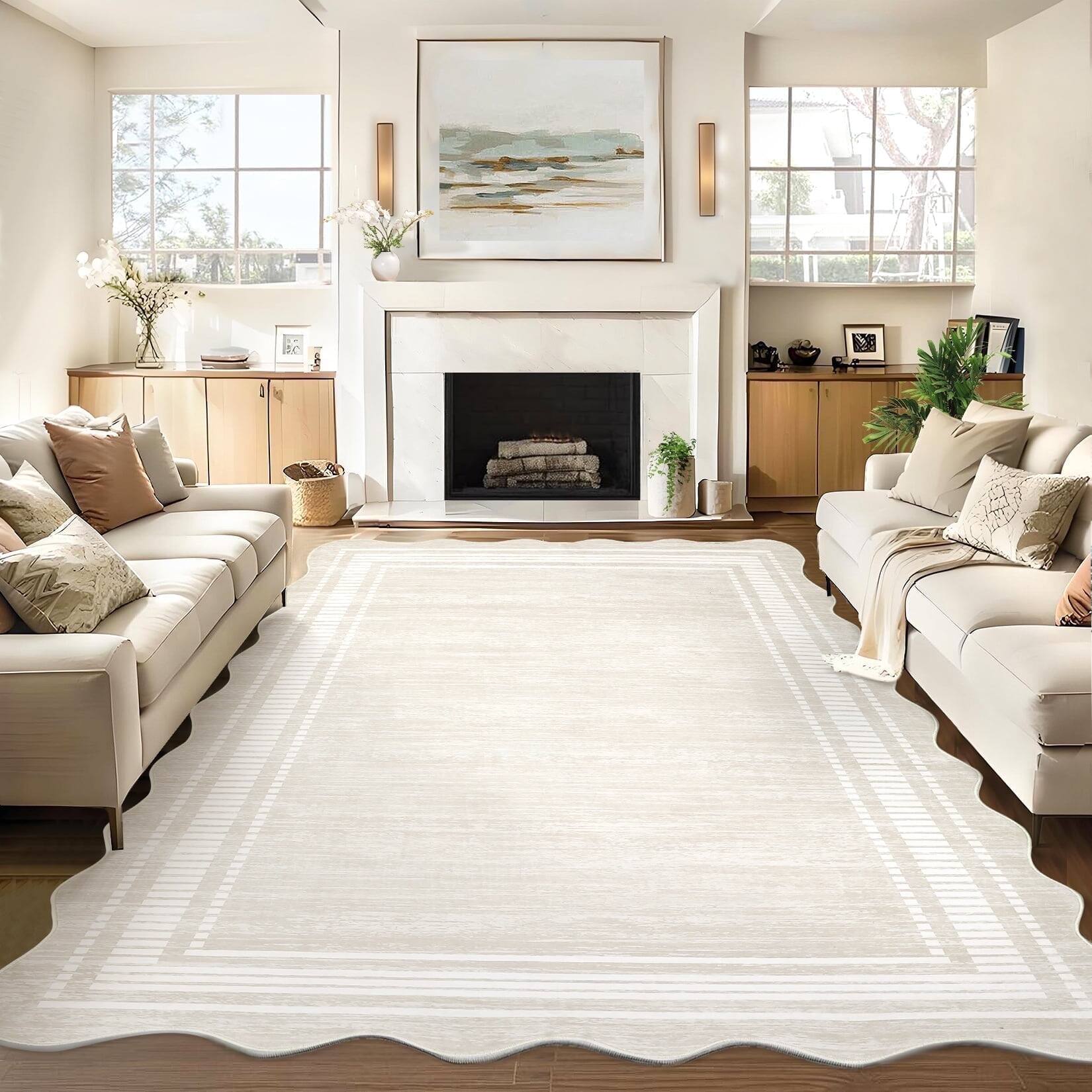 Homhougo 8x10 Modern Bordered Abstract Scalloped Rug, Non Slip, Low ...