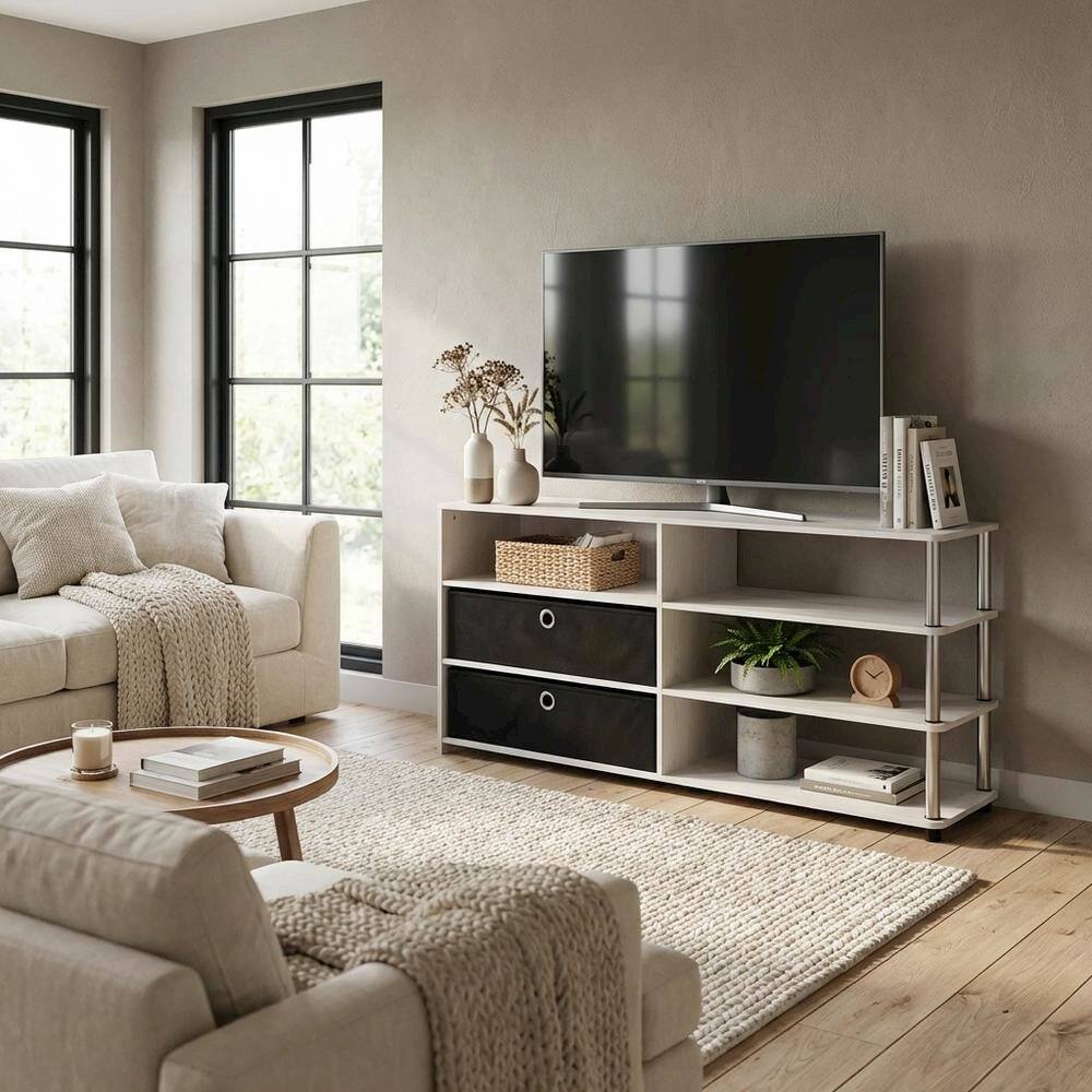 Alt View 2. FurniFact - Wooden TV stand for up to 55 inches with storage bins, White Oak finish - White.
