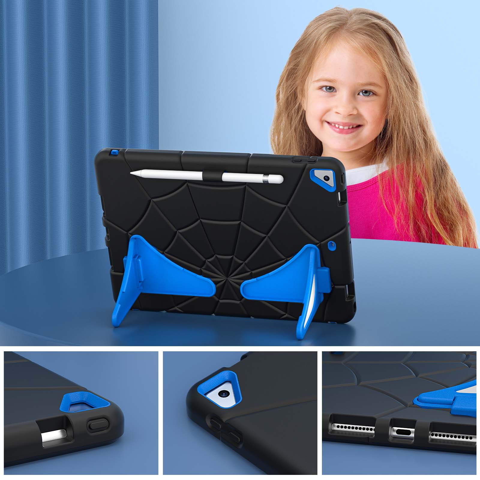 Alt View 4. UUCOVER - Kids Case for iPad 9th 8th 7th Gen 10.2-inch (2021/2020/2019) ,Shockproof TPU+PC Rugged Stand Case Protective Cover - Black+Blue.