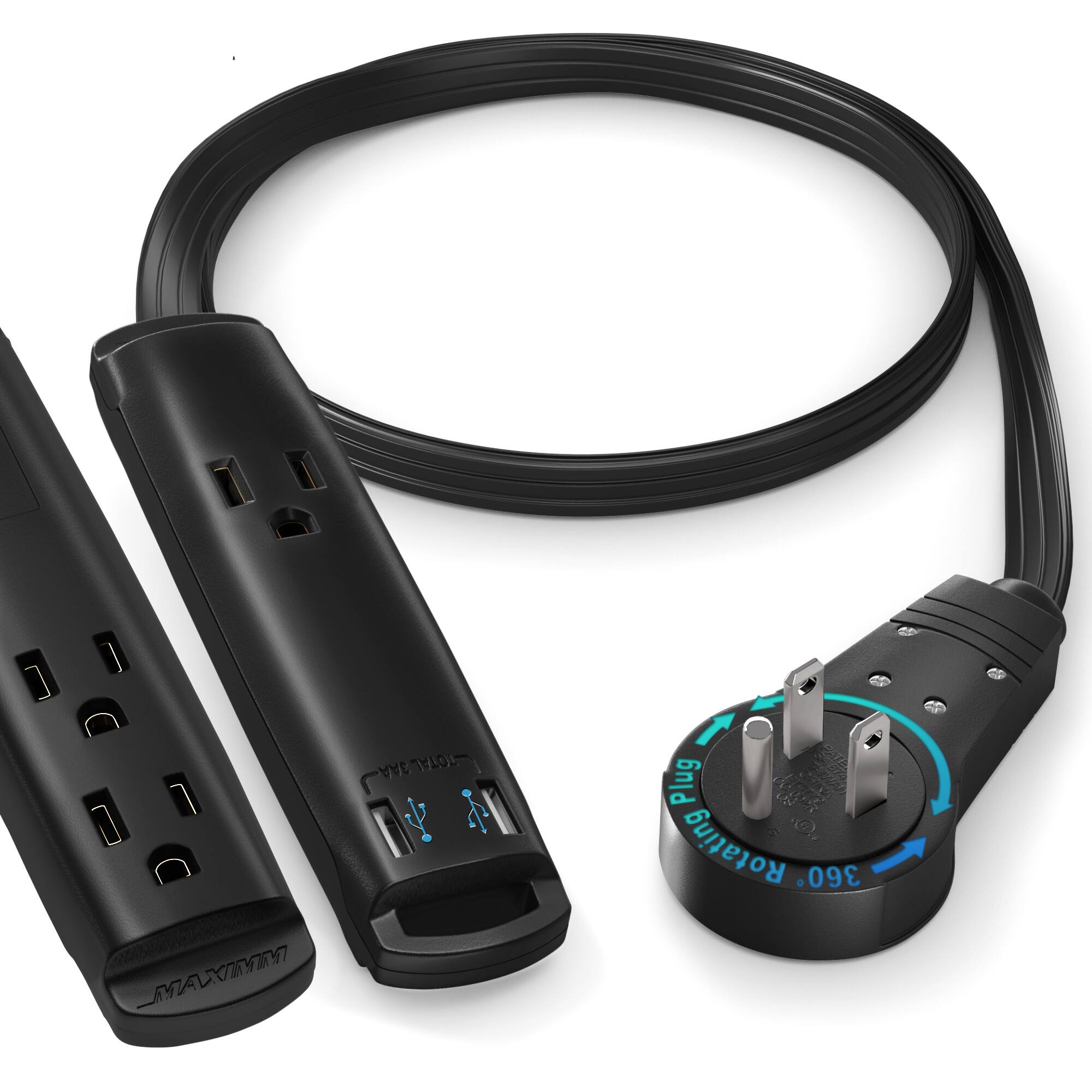 Maximm - Extension Cord with USB Ports 1FT, 360° Rotating Flat Plug, 3-Outlet with USB Ports (2 Ports), 3 Prong, UL Certified - Black