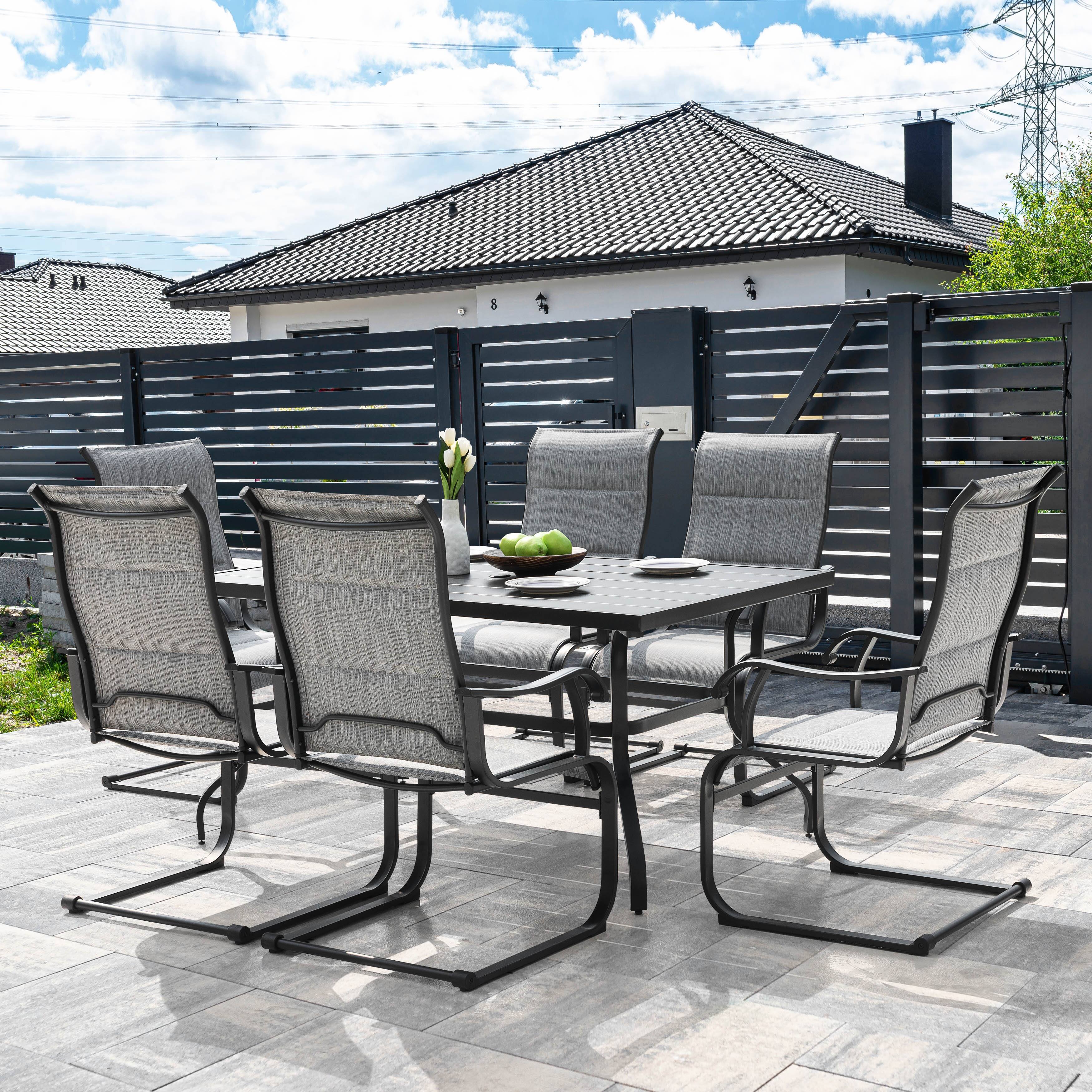 Angle. Nuu Garden - Patio 7-Piece Dining Set, Premium Textilene Chairs, Rectangle Iron Table - Gray.