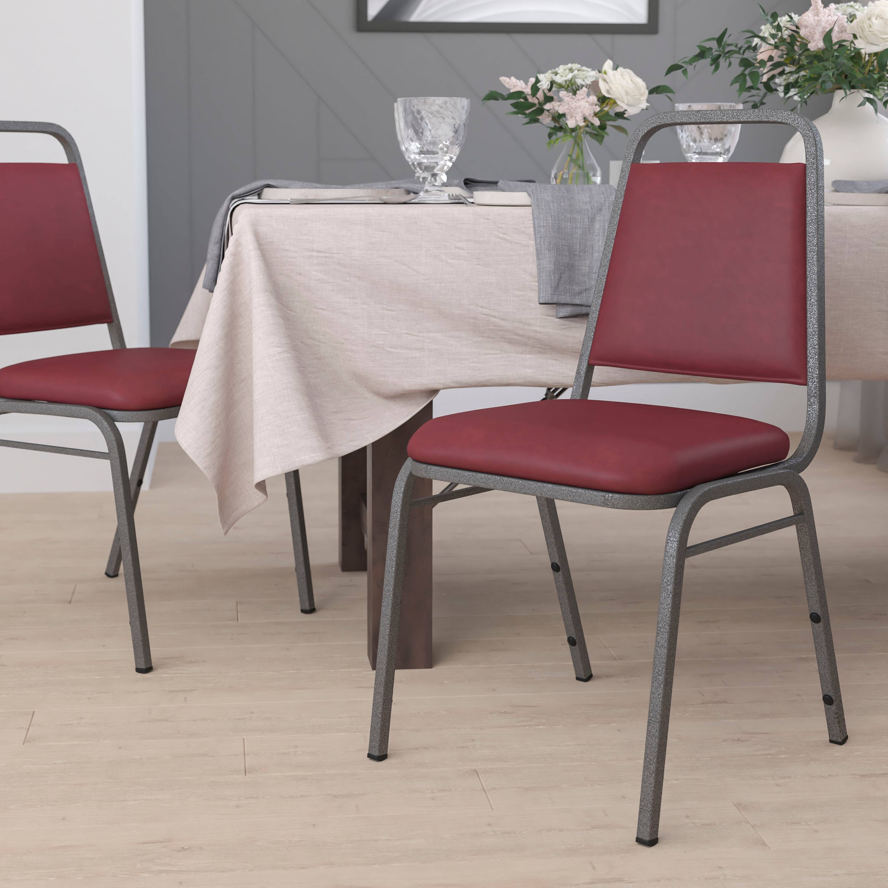 Alt View 1. Emma + Oliver - Trapezoidal Back Stacking Banquet Dining Chair - 1.5" Thick Seat - Burgundy Vinyl/Silver Vein Frame.