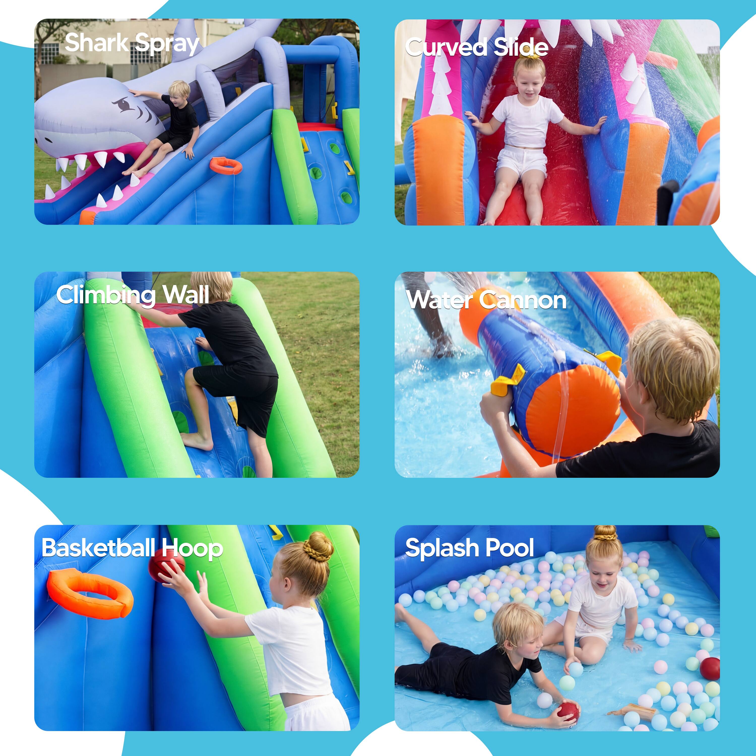 Shark Spray  
Curved Slide  
Climbing Wall  
Water Cannon  
Basketball Hoop  
Splash Pool