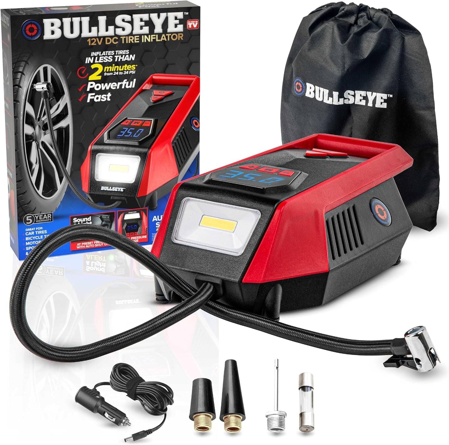 BULLSEYE TV 12V DC TIRE INFLATOR INFLATES TIRES IN LESS THAN 2 minutes from 24 to 34 PSI Powerful Fast

5 YEAR Sound WARRANTY GREAT FOR CAR TIRES BICYCLE MOTOR

PRESET AUTO SHUT OFF WITH ALERT Light BAR

AU 350 PRESSURE