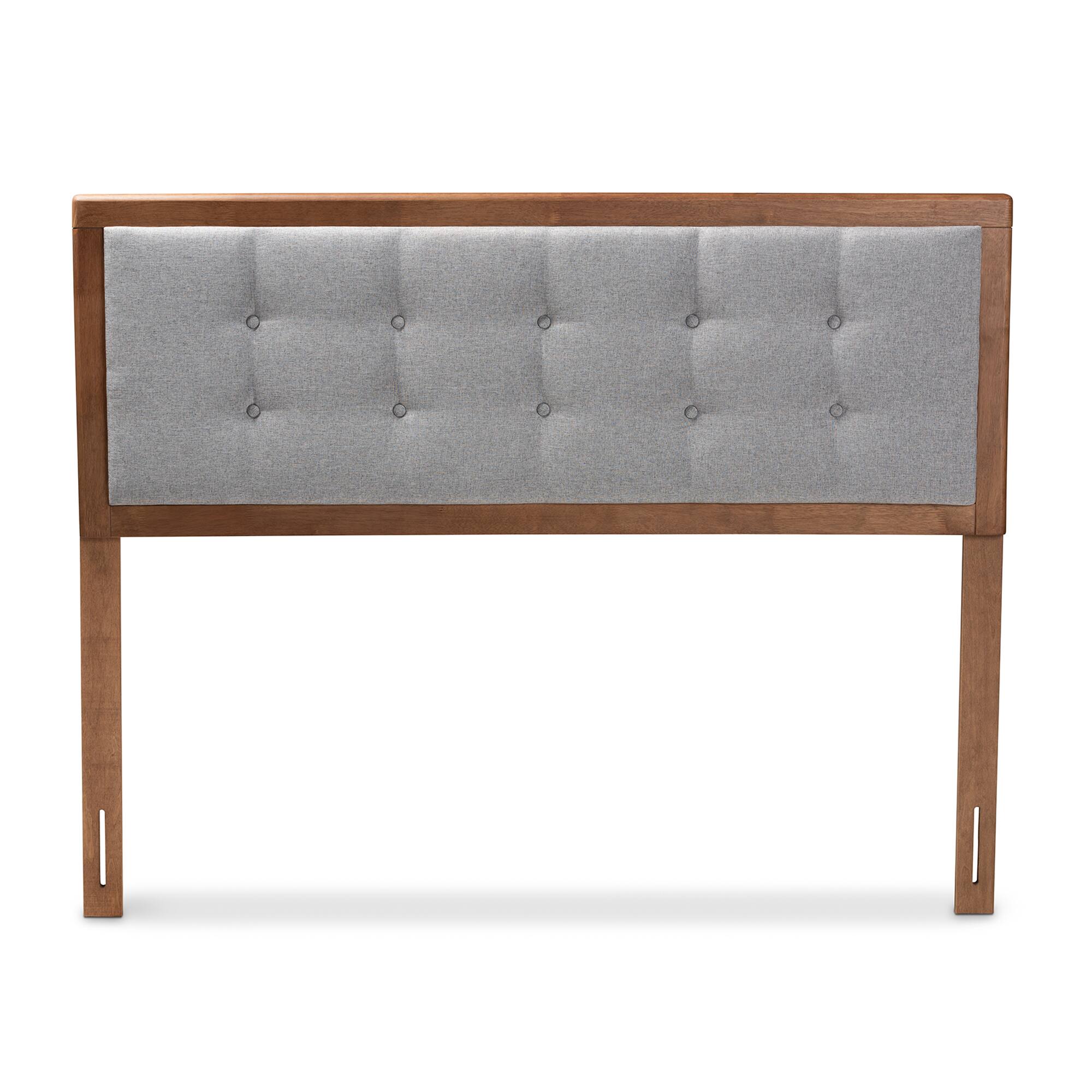 Angle. Baxton Studio - Sarine Mid-Century Modern Fabric Upholstered Finished Wood King Size Headboard - Gray/Walnut.