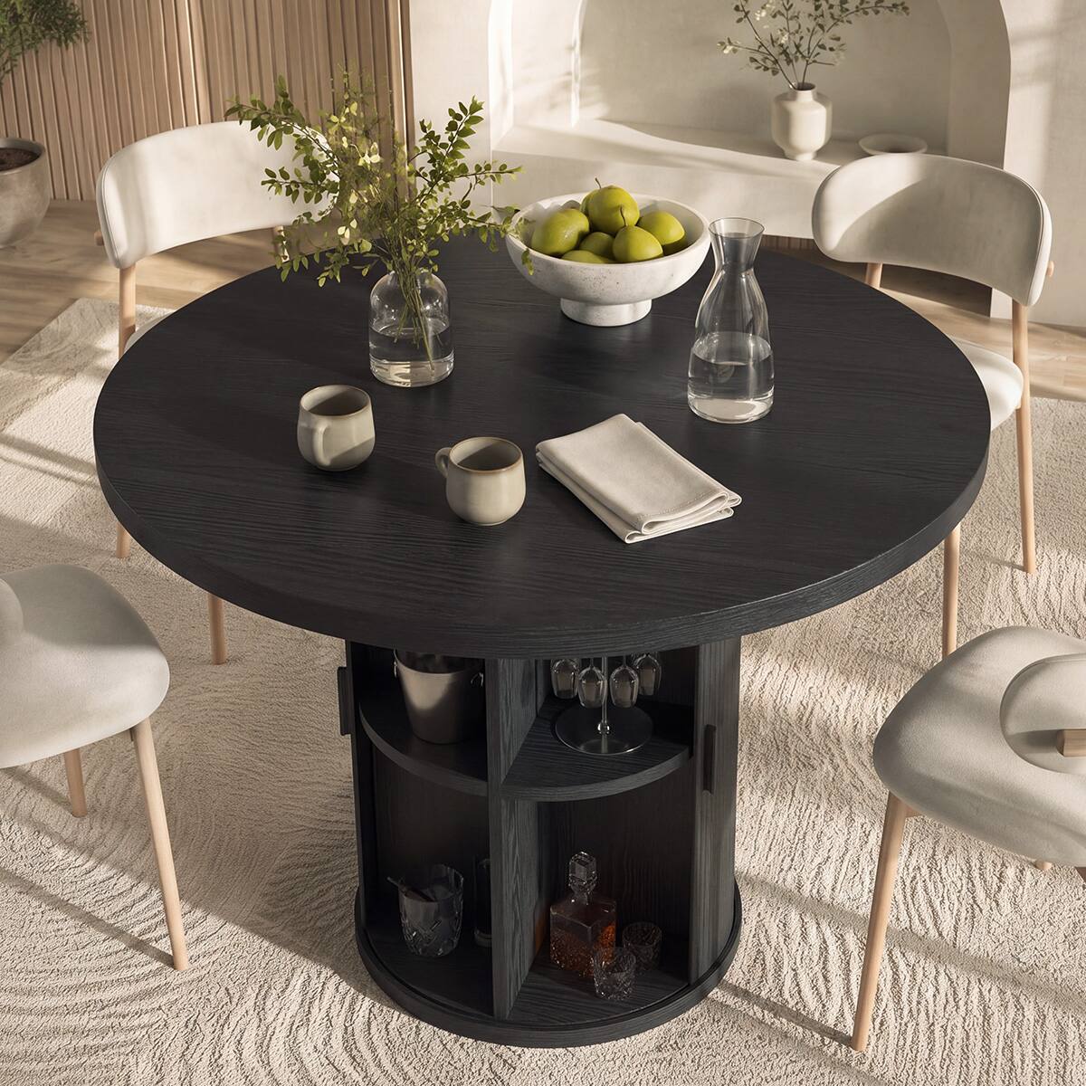 Alt View 2. Dyonery - 35.5" Round Dining Table with Storage Shelf, Modern Fluted Kitchen Table for Small Space - Black.