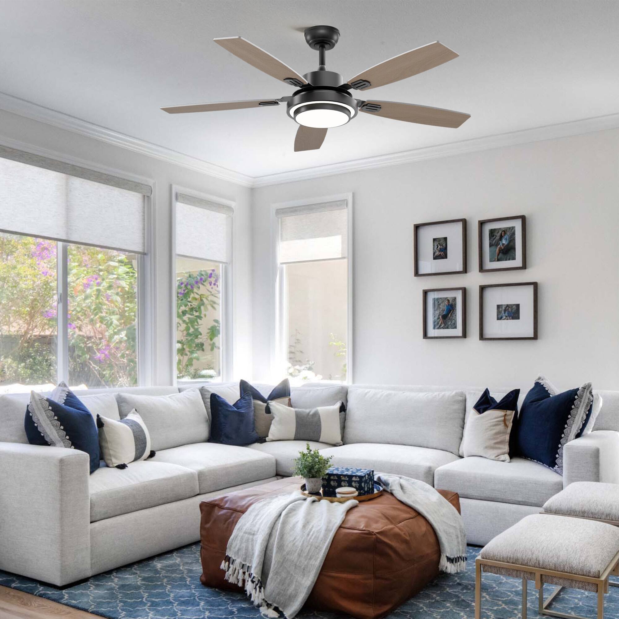 Back. Siljoy - 52 in Modern Black Ceiling Fan LED Light Remote Reversible 5 Gray and Oak Blades for Bedroom Living Room Patio - Black.