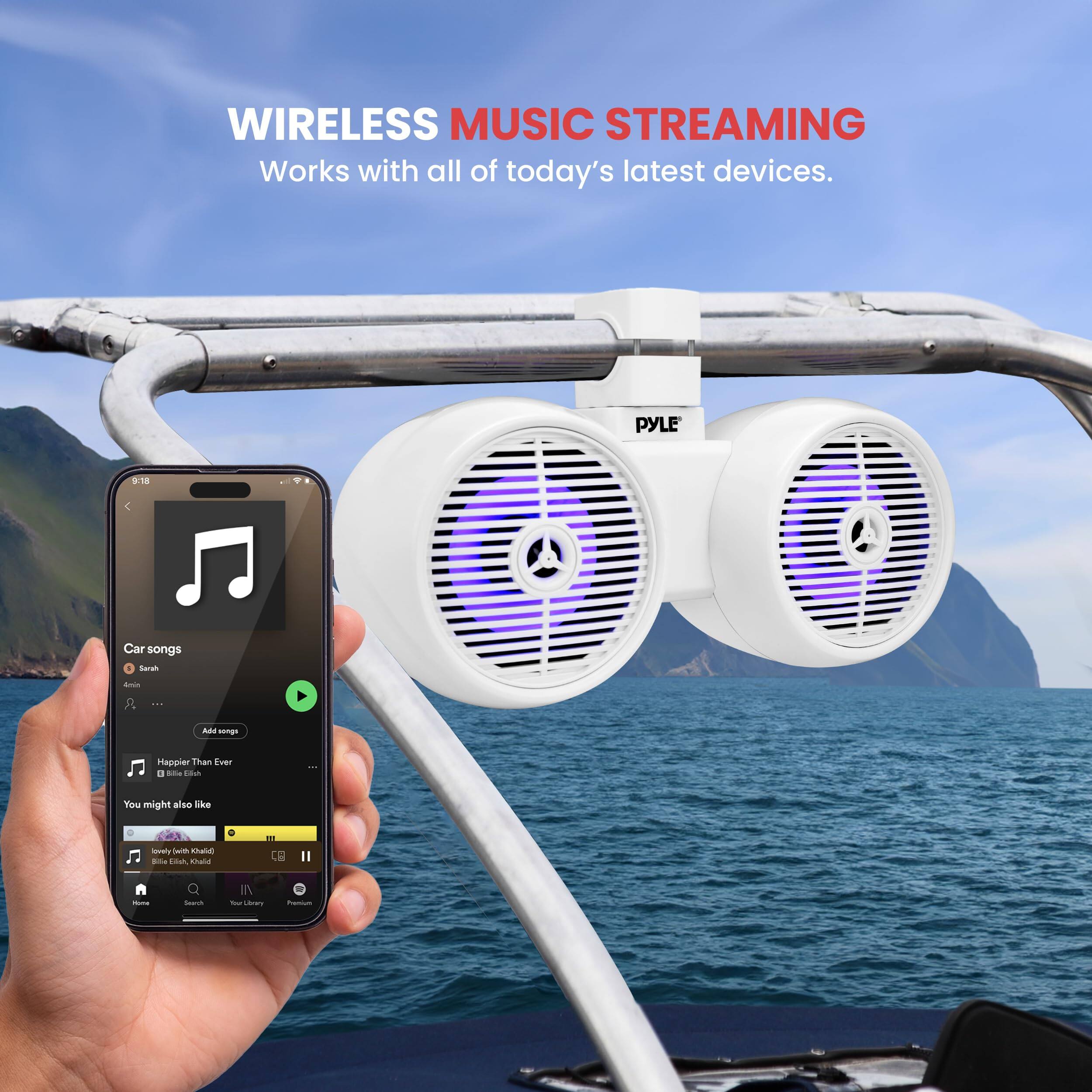 WIRELESS MUSIC STREAMING  
Works with all of today's latest devices.  

PYLE 918 c  
Car songs  
Sarat - I Ada amps  
Happier Than Ever  
Billie Eilish  

You might also like  
- Seion  
- n mald  
- Seas IN tre
