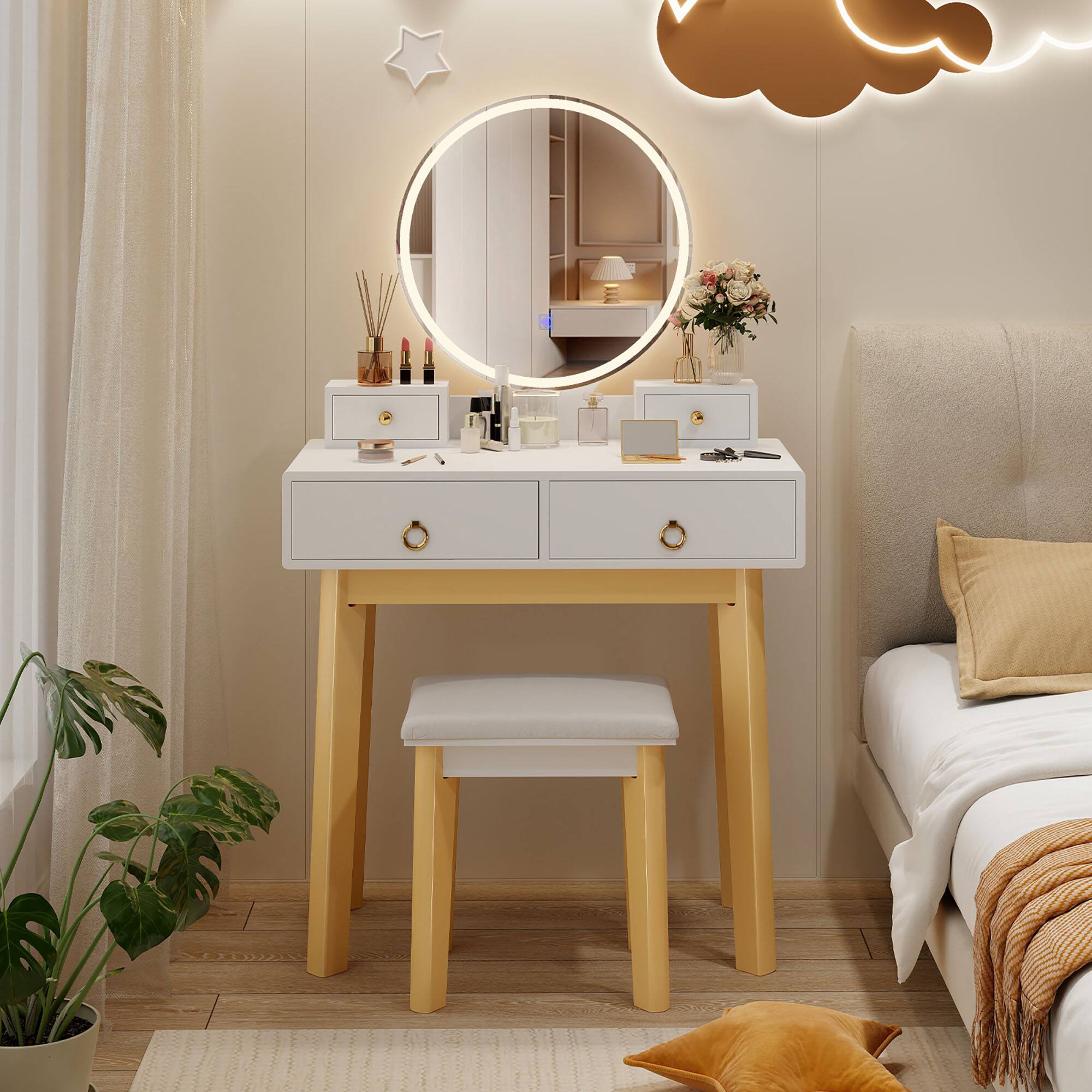 Alt View 1. Gymax - Gymax Vanity Set w/ LED Lighted Mirror Makeup Dressing Table w/ Soft Cushioned Stool - White.