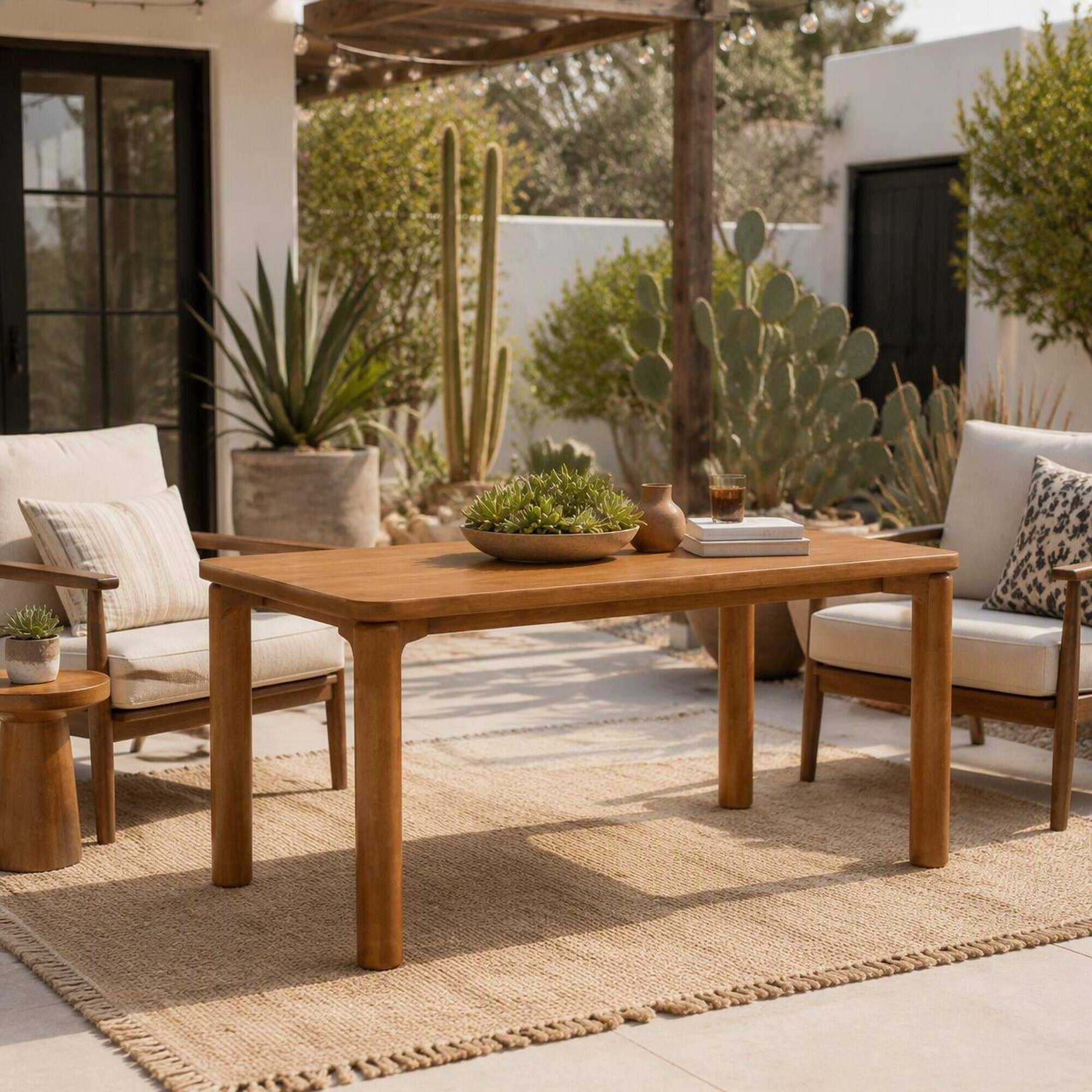 Left. RYHNUYNE - 70.28" Rubber Wood Dining Table, Walnut  Finish Rectangular Kitchen Table With Round Thick Legs for Outdoor - Walnut.